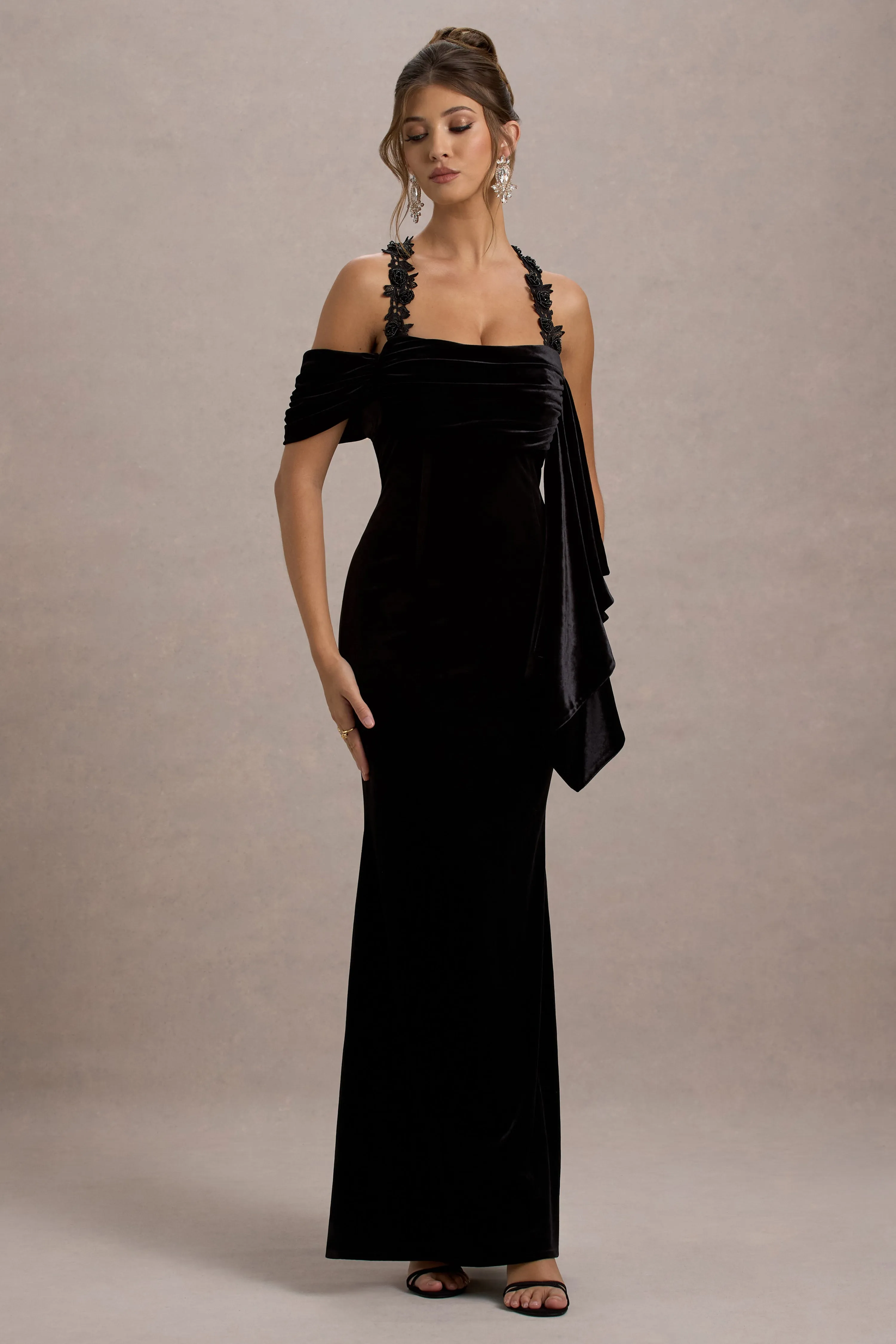 Charlize | Black Velvet Halter-Neck Draped Maxi Dress Club L London