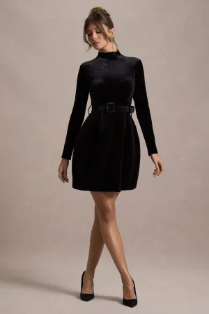 Charm | Black Velvet Turtleneck Long-Sleeve Belted Mini Dress Club L London