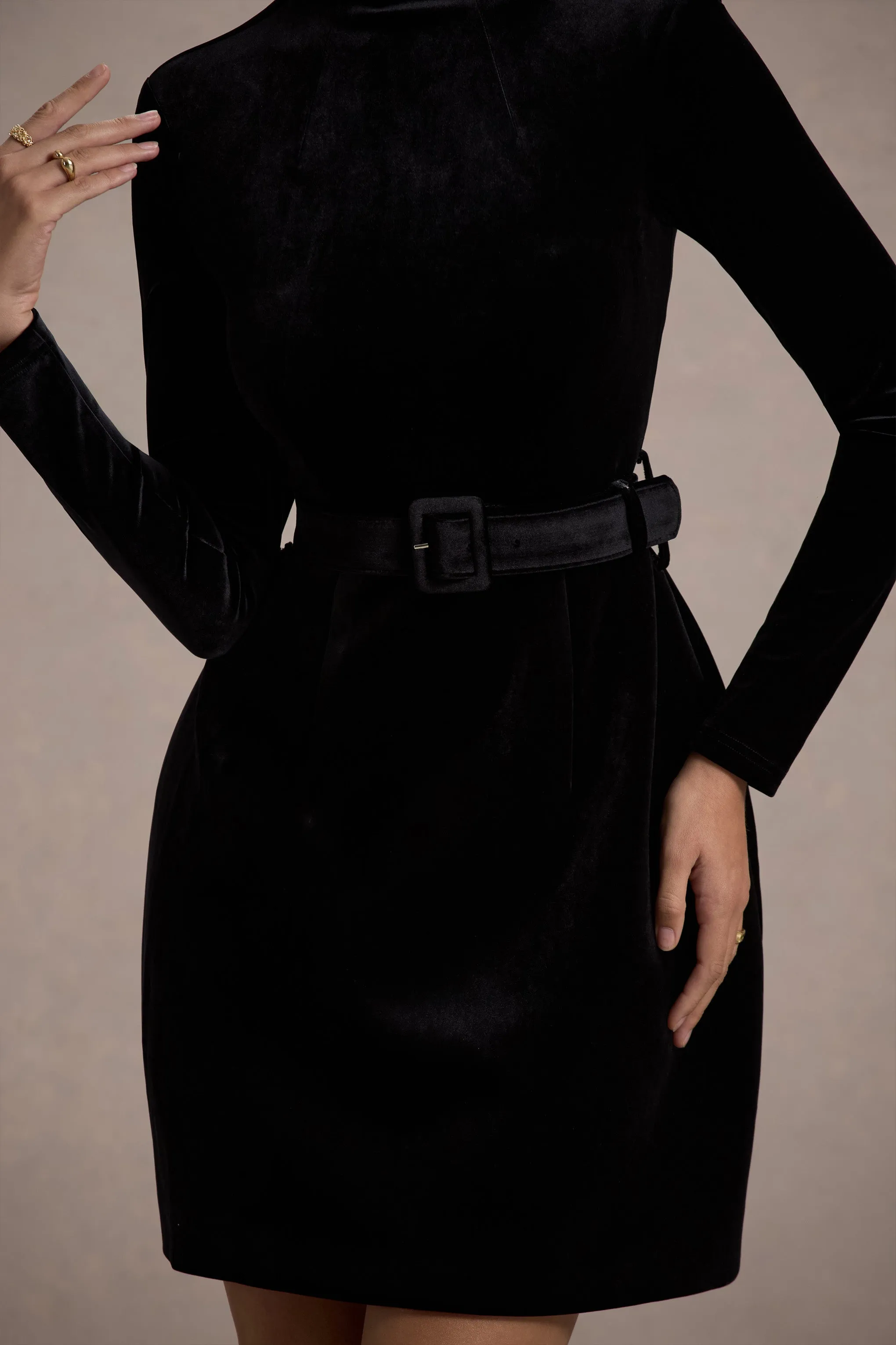 Charm | Black Velvet Turtleneck Long-Sleeve Belted Mini Dress Club L London