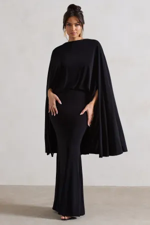 Charmaine | Black High-Neck Maxi Dress With Cape Club L London