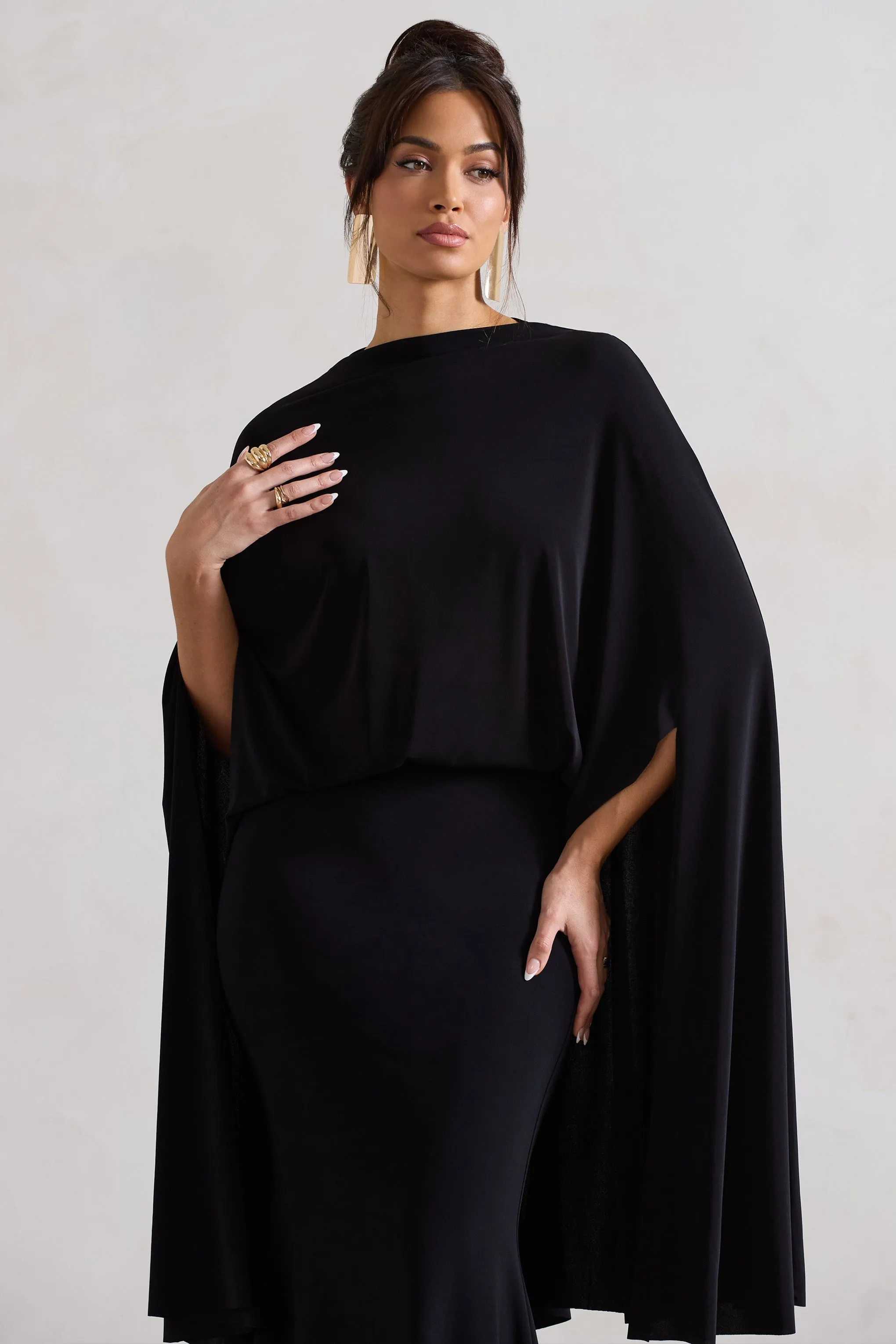 Charmaine | Black High-Neck Maxi Dress With Cape Club L London