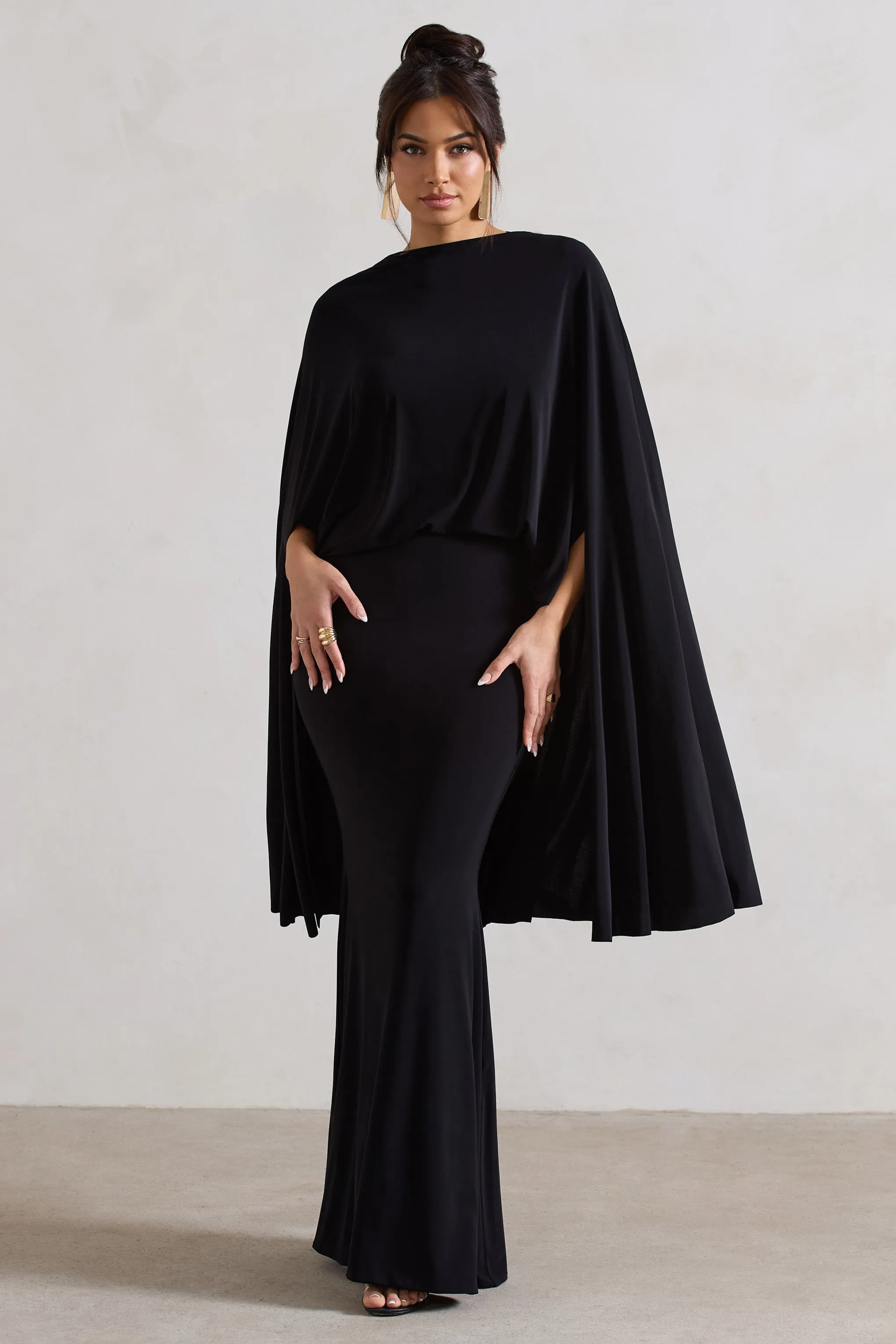 Charmaine | Black High-Neck Maxi Dress With Cape Club L London