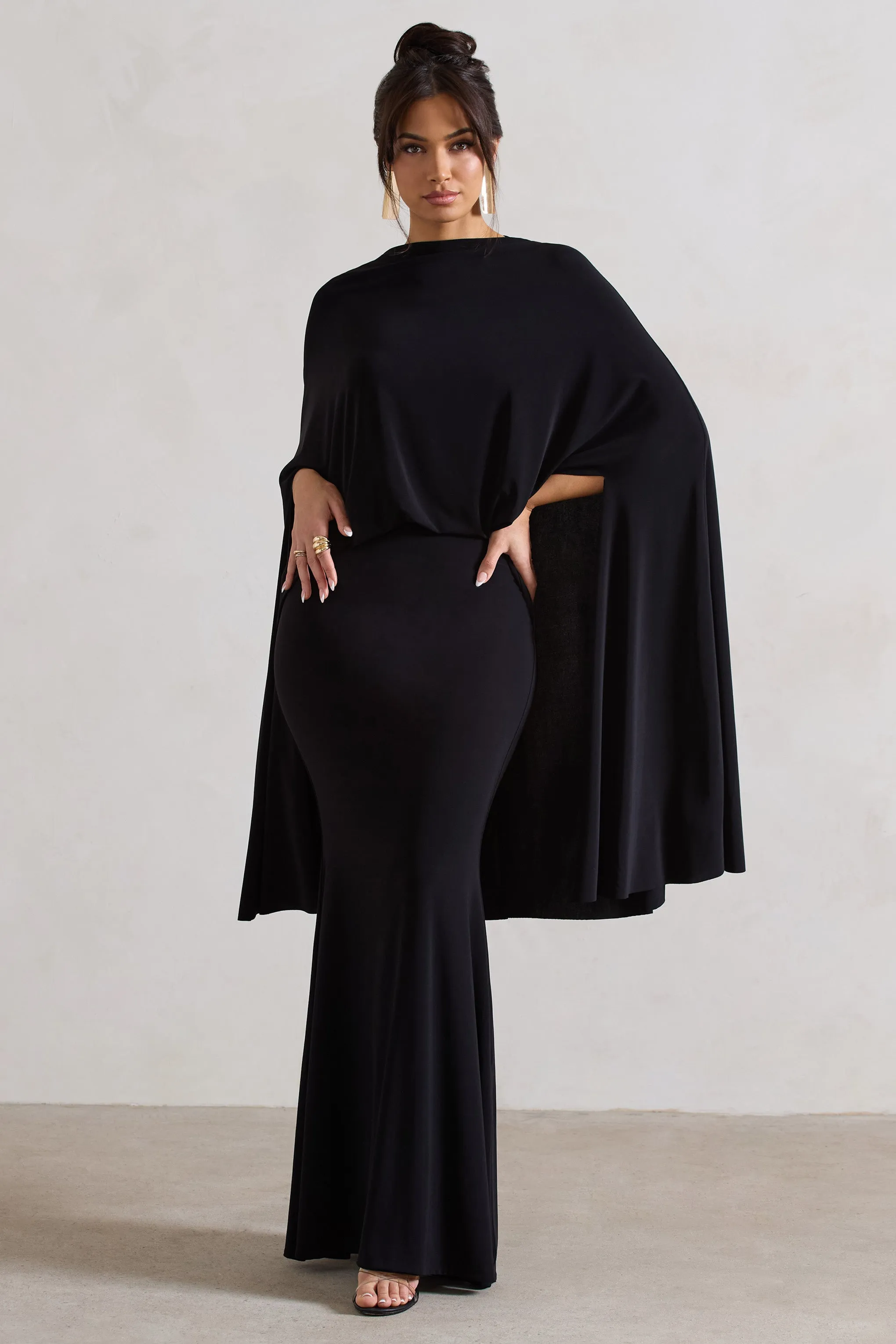 Charmaine | Black High-Neck Maxi Dress With Cape Club L London