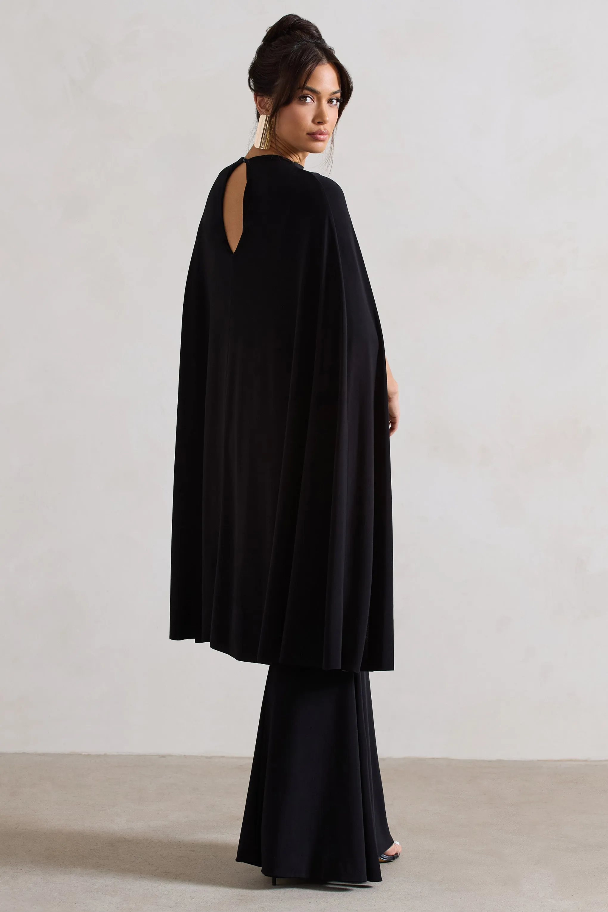 Charmaine | Black High-Neck Maxi Dress With Cape Club L London