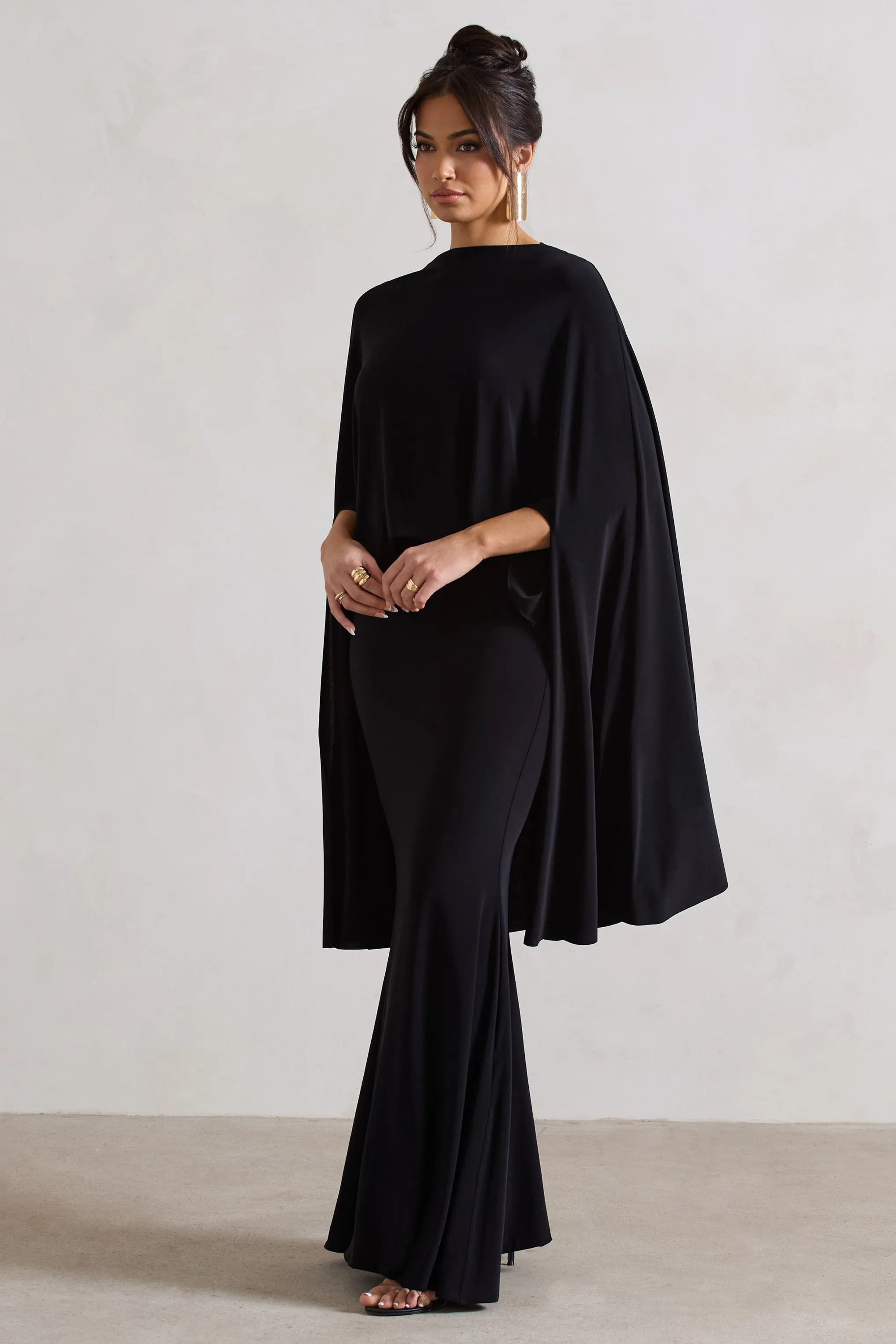 Charmaine | Black High-Neck Maxi Dress With Cape Club L London