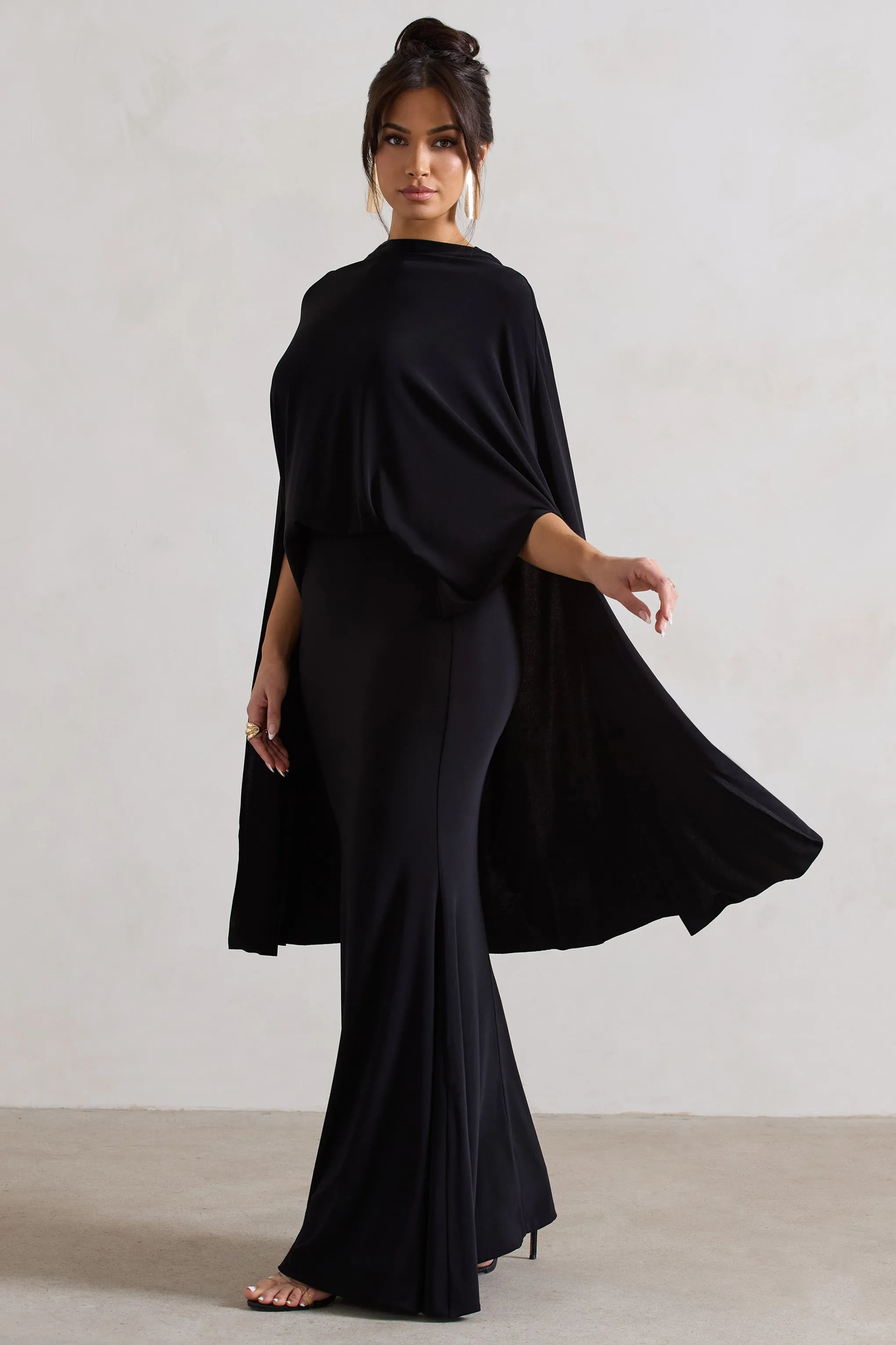 Charmaine | Black High-Neck Maxi Dress With Cape Club L London