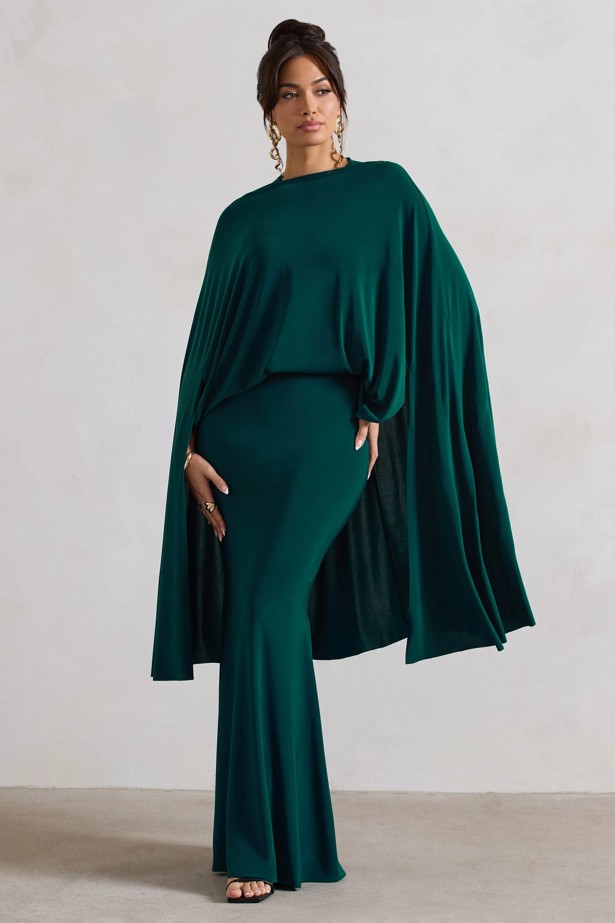 Charmaine | Bottle Green High-Neck Maxi Dress With Cape Club L London