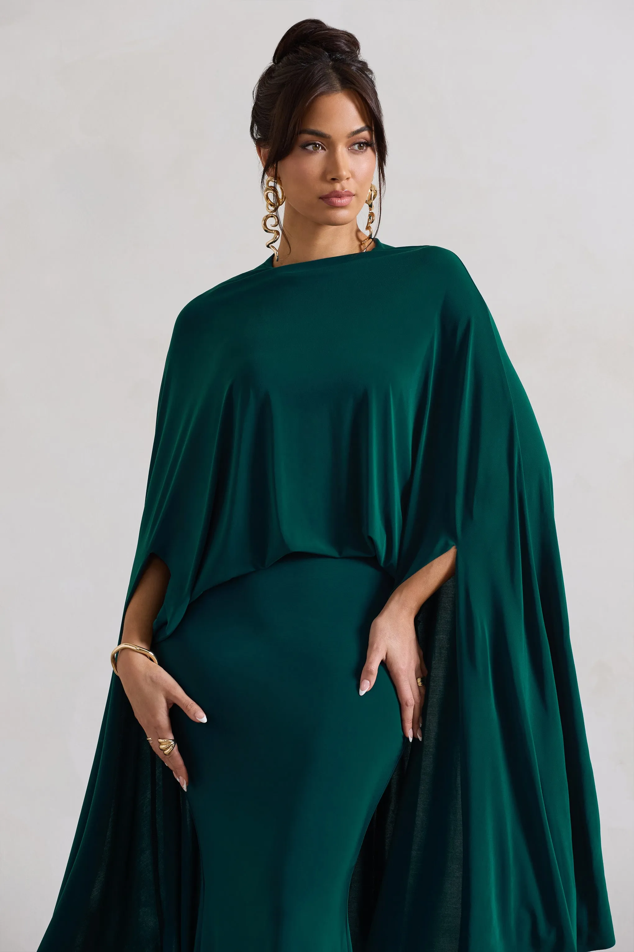 Charmaine | Bottle Green High-Neck Maxi Dress With Cape Club L London