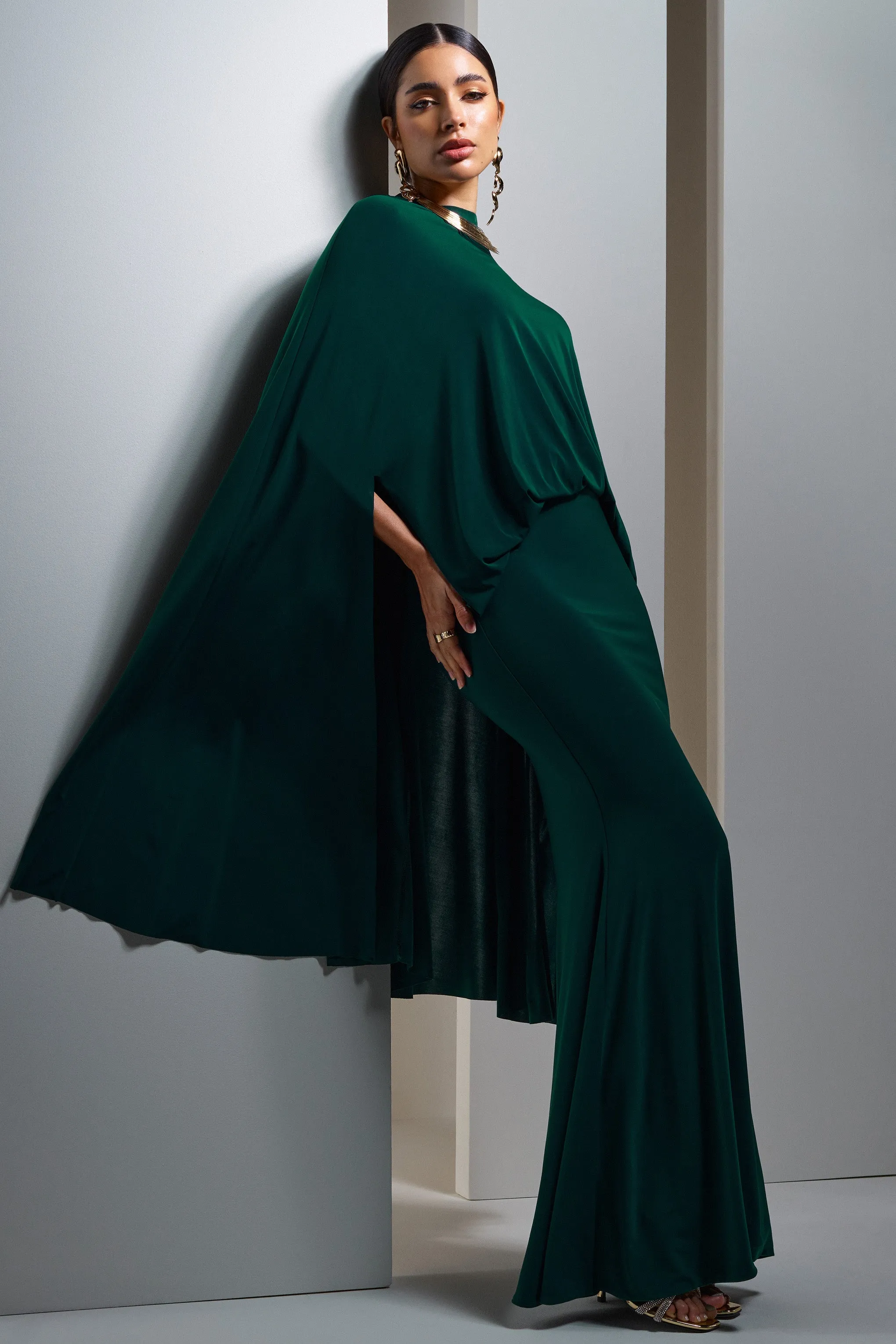 Charmaine | Bottle Green High-Neck Maxi Dress With Cape Club L London