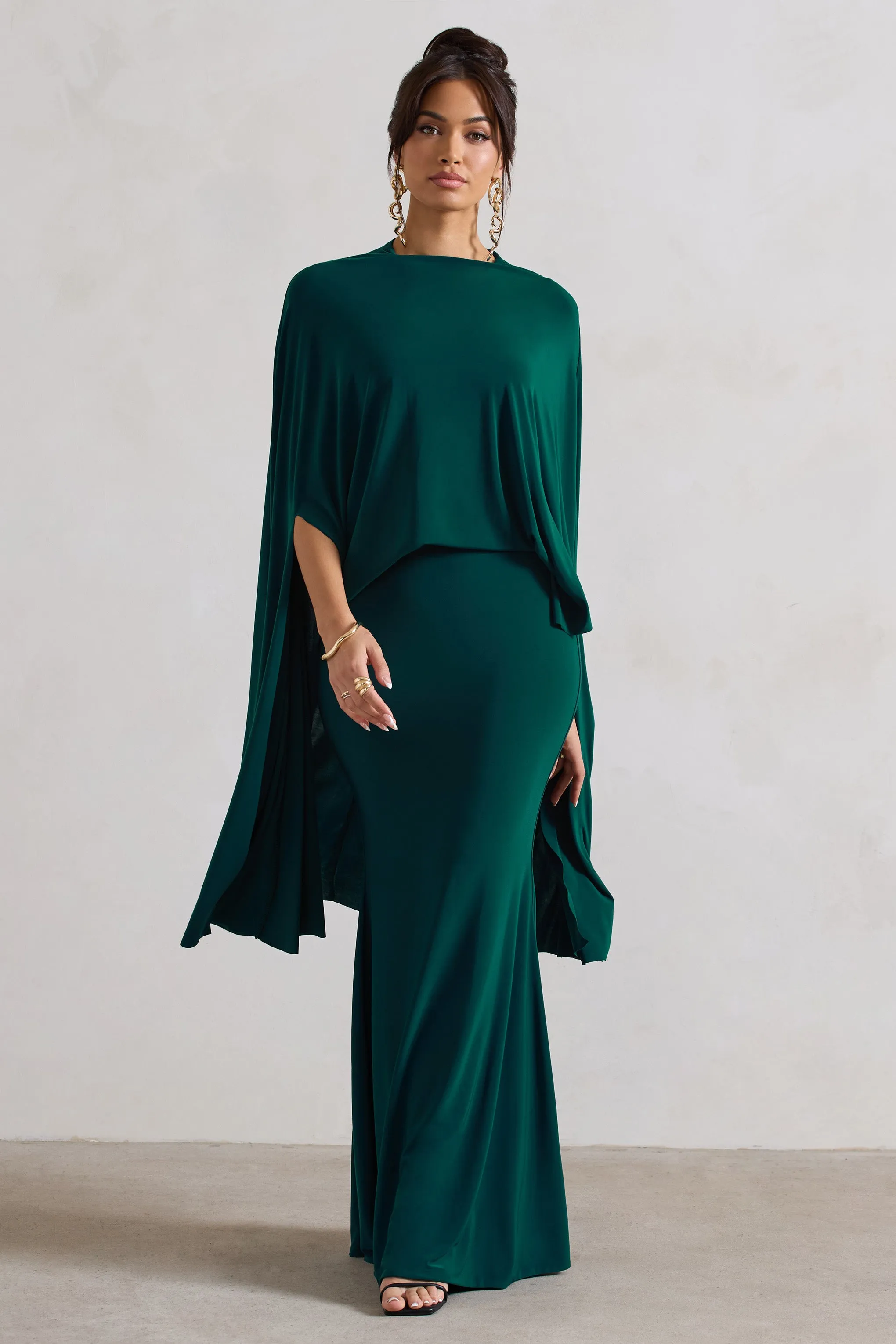 Charmaine | Bottle Green High-Neck Maxi Dress With Cape Club L London