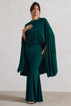 Charmaine | Bottle Green High-Neck Maxi Dress With Cape Club L London