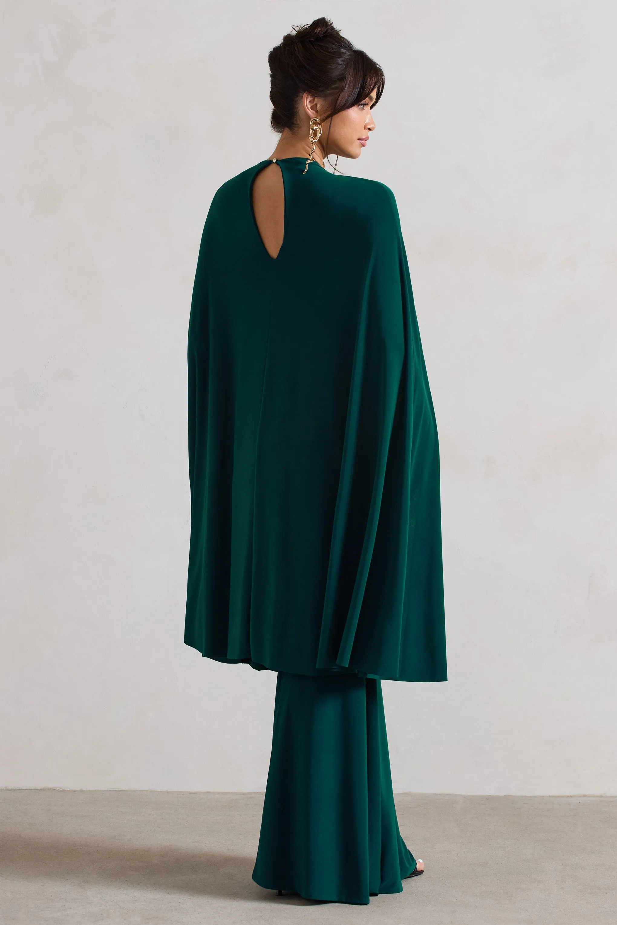 Charmaine | Bottle Green High-Neck Maxi Dress With Cape Club L London