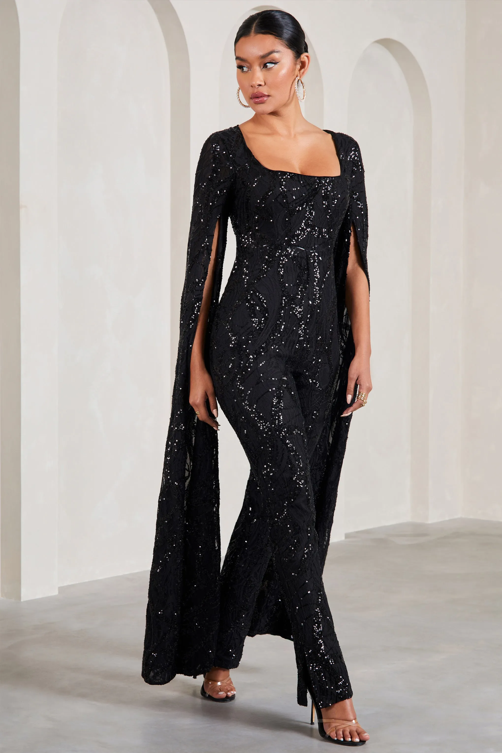 Cher | Black Sequin Lace Square-Neck Jumpsuit With Cape Sleeves Club L London
