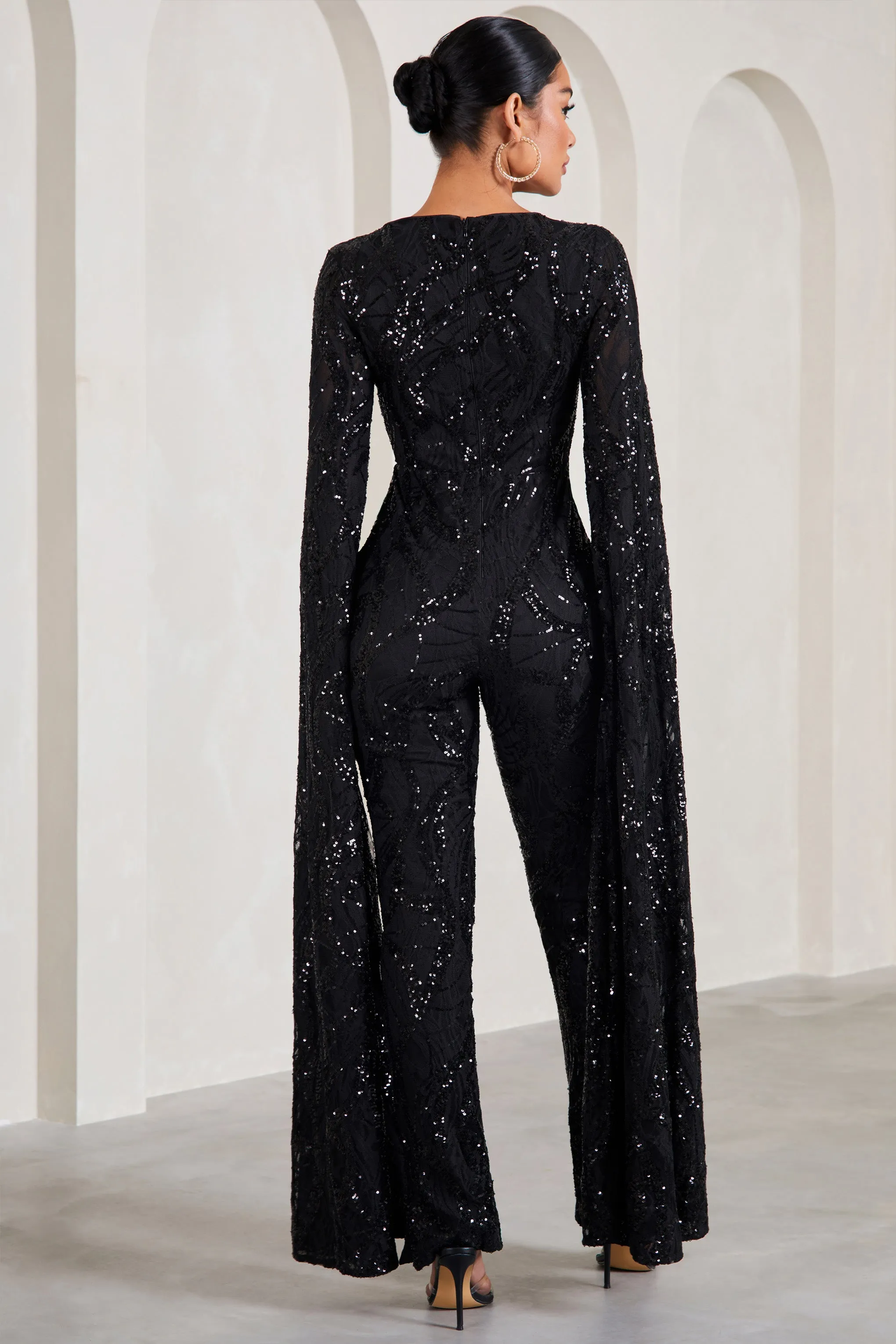 Cher | Black Sequin Lace Square-Neck Jumpsuit With Cape Sleeves Club L London