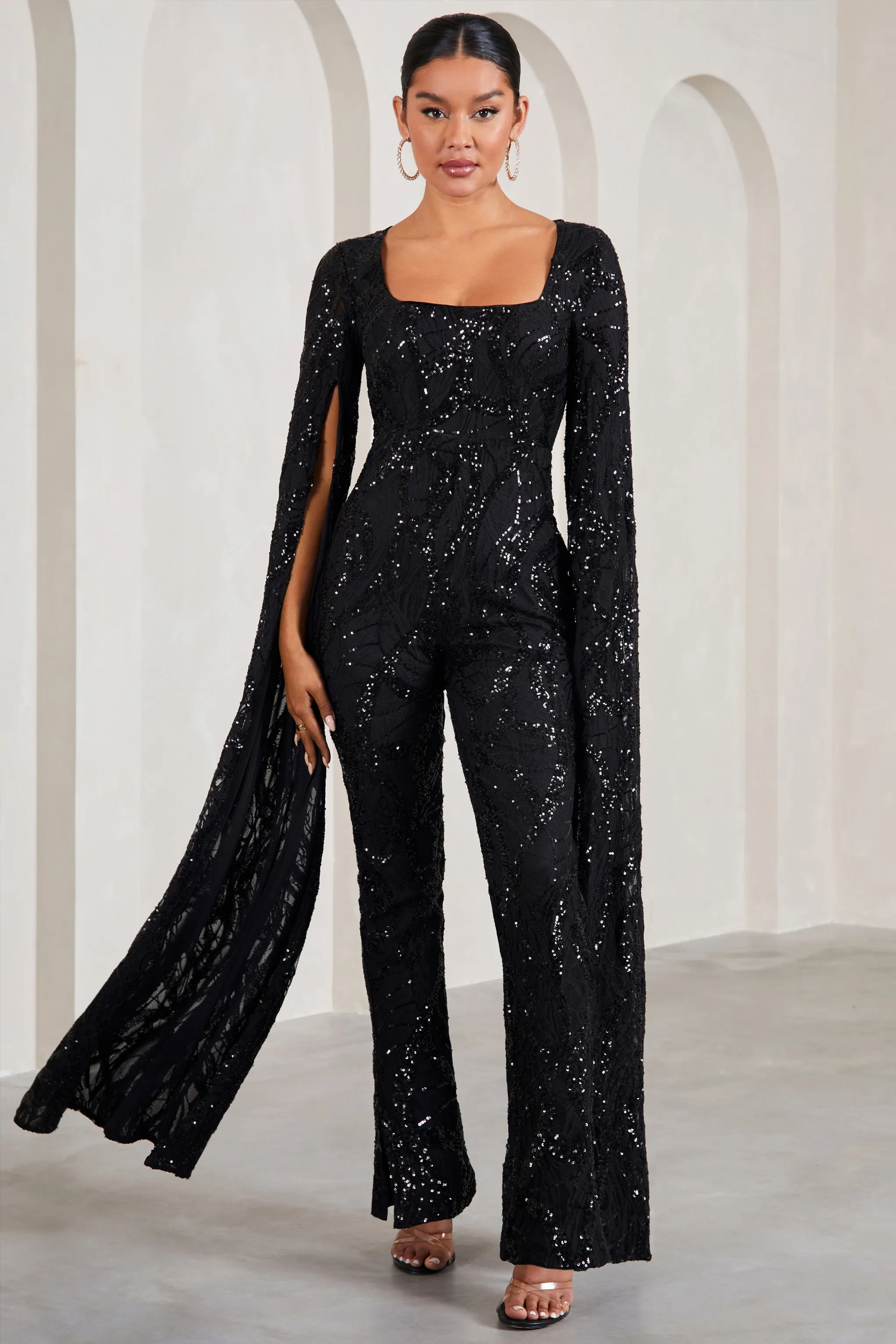 Cher | Black Sequin Lace Square-Neck Jumpsuit With Cape Sleeves Club L London