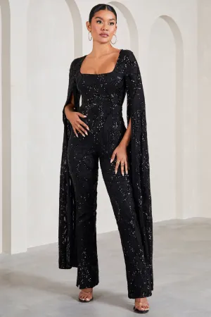 Cher | Black Sequin Lace Square-Neck Jumpsuit With Cape Sleeves Club L London