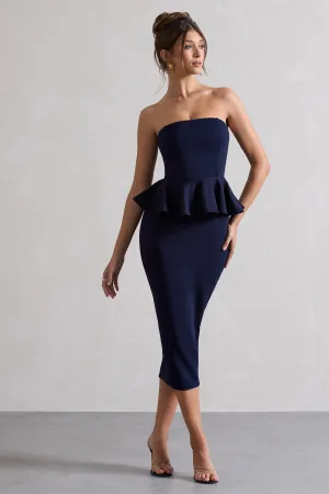 Chicago | Navy Bodycon Bandeau Midi Dress With Peplum Detail Club L London
