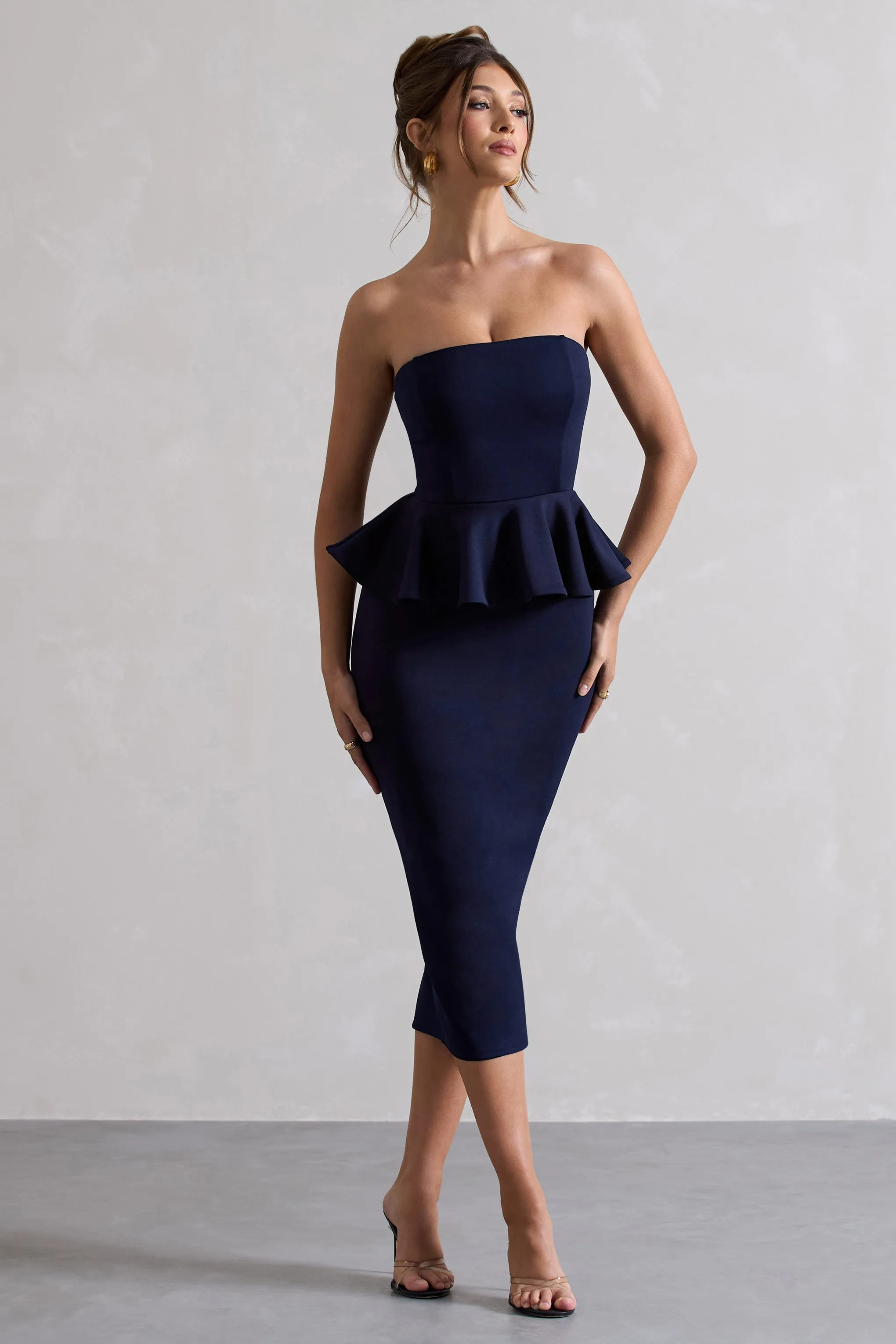 Chicago | Navy Bodycon Bandeau Midi Dress With Peplum Detail Club L London