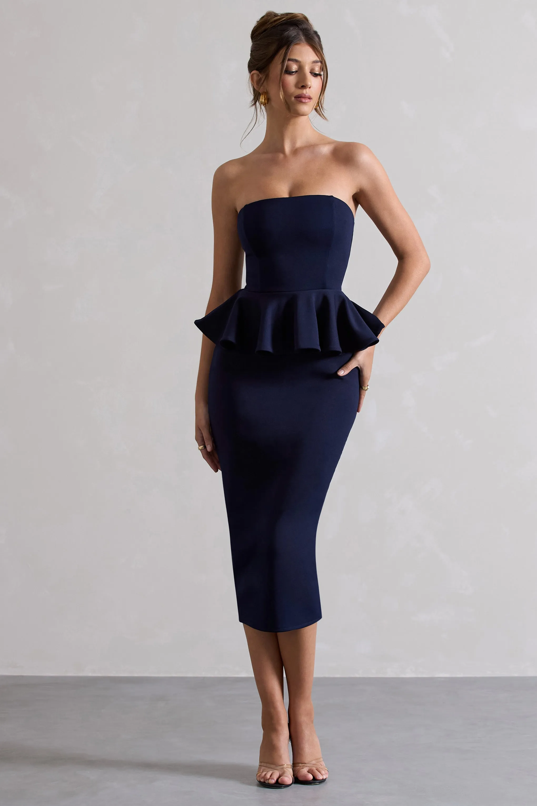 Chicago | Navy Bodycon Bandeau Midi Dress With Peplum Detail Club L London