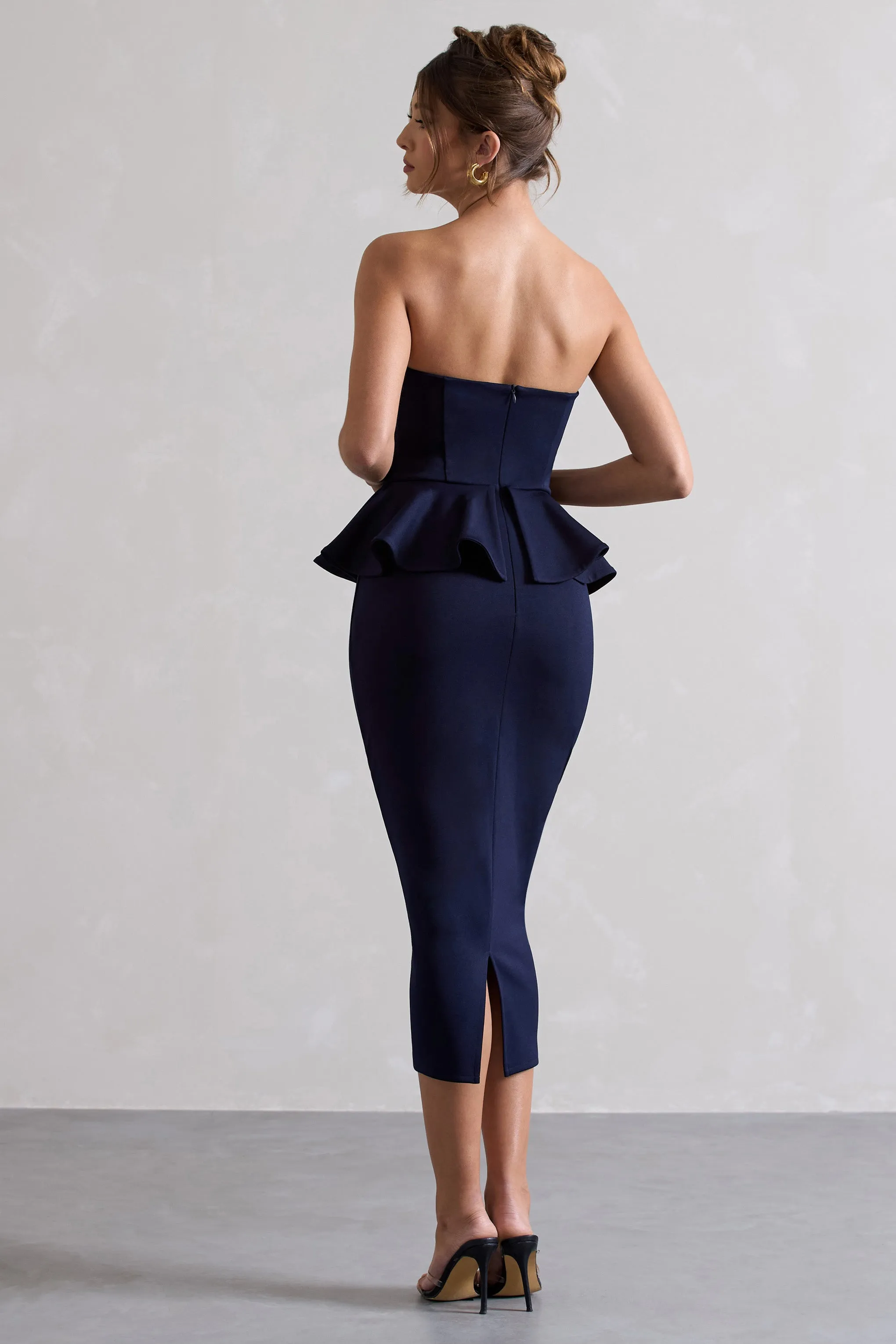 Chicago | Navy Bodycon Bandeau Midi Dress With Peplum Detail Club L London