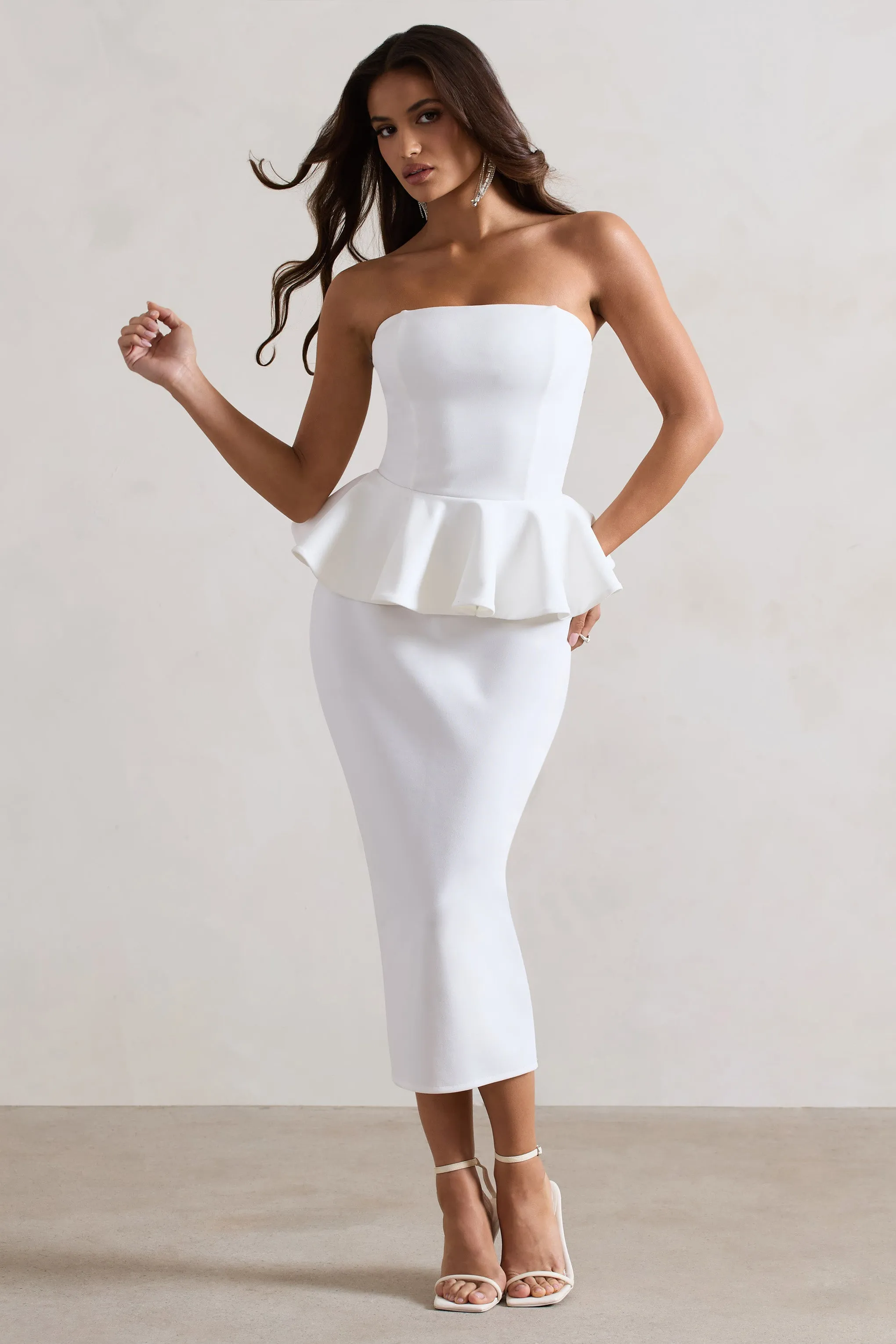 Chicago | White Bodycon Bandeau Midi Dress With Peplum Detail Club L London