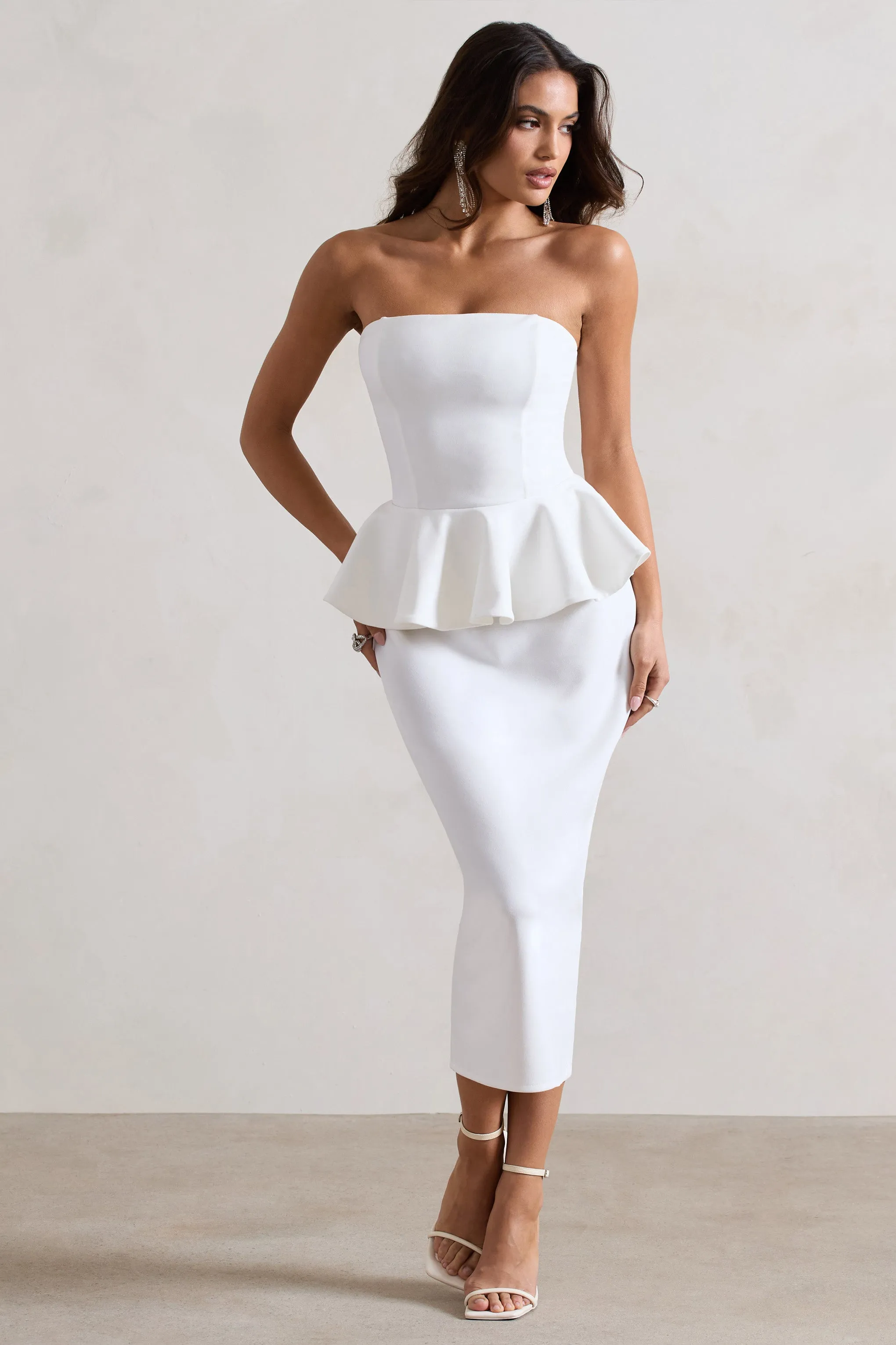 Chicago | White Bodycon Bandeau Midi Dress With Peplum Detail Club L London