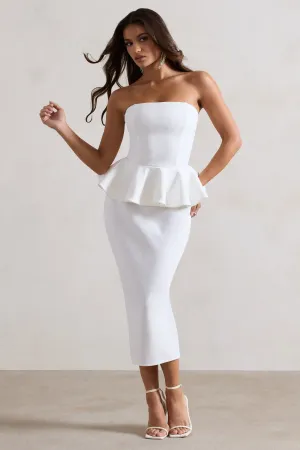 Chicago | White Bodycon Bandeau Midi Dress With Peplum Detail Club L London