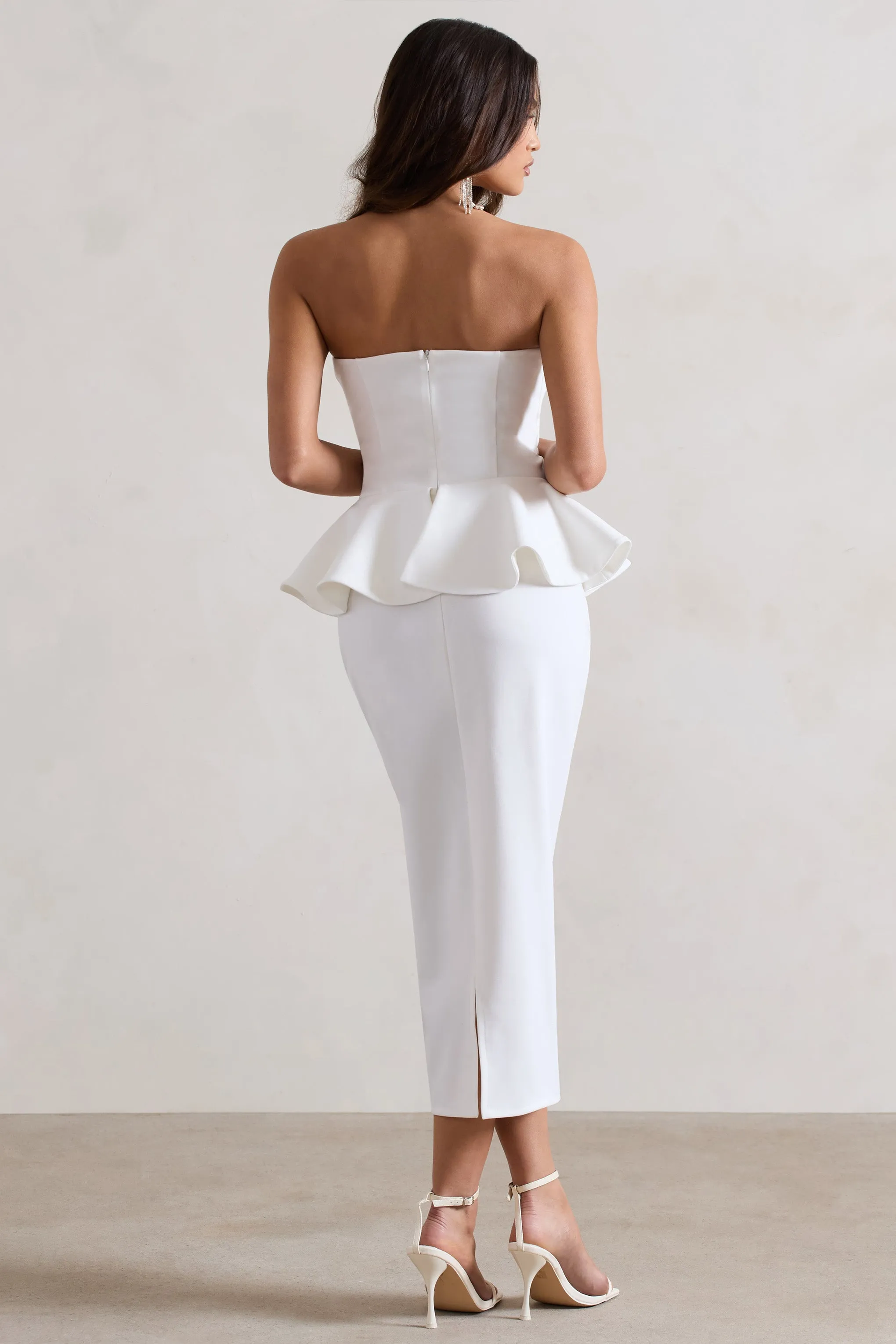 Chicago | White Bodycon Bandeau Midi Dress With Peplum Detail Club L London
