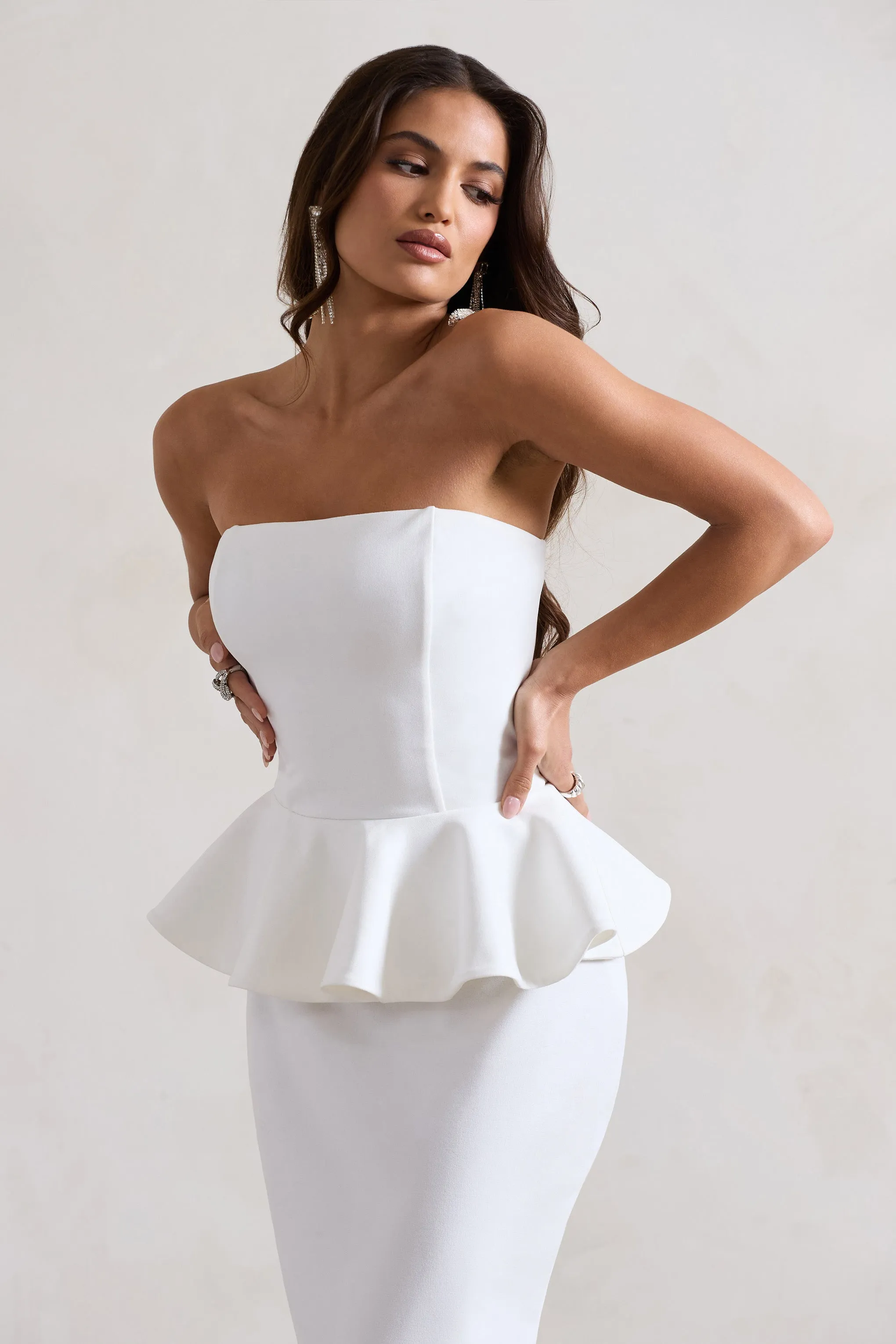 Chicago | White Bodycon Bandeau Midi Dress With Peplum Detail Club L London