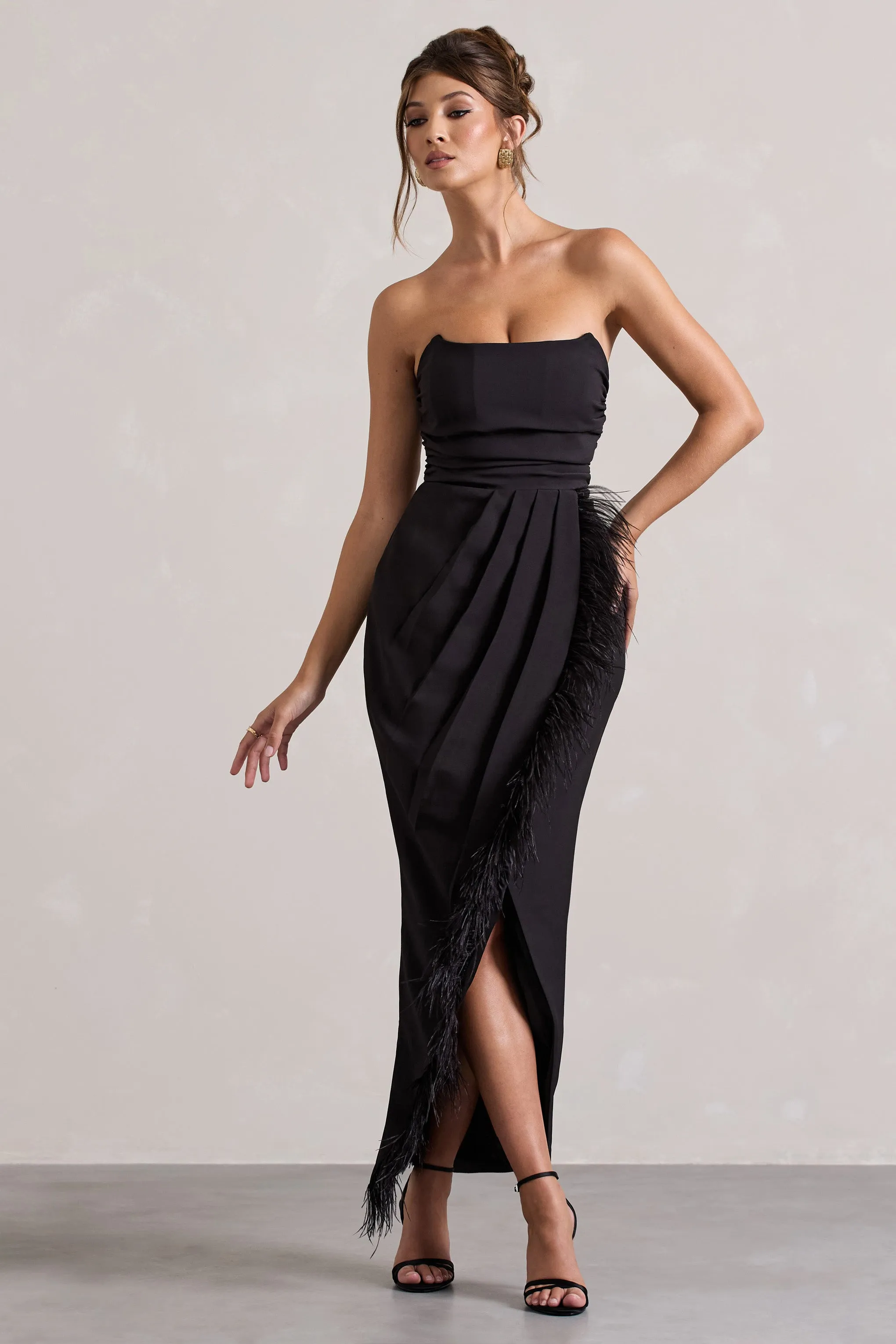Chosen | Black Bandeau Wrap Maxi Dress With Feather Trim Club L London