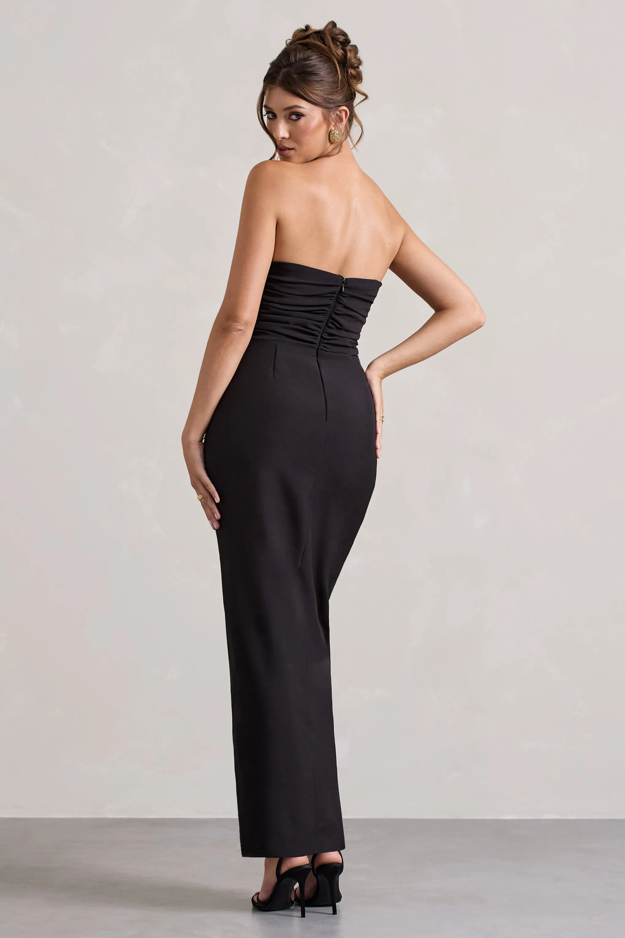 Chosen | Black Bandeau Wrap Maxi Dress With Feather Trim Club L London