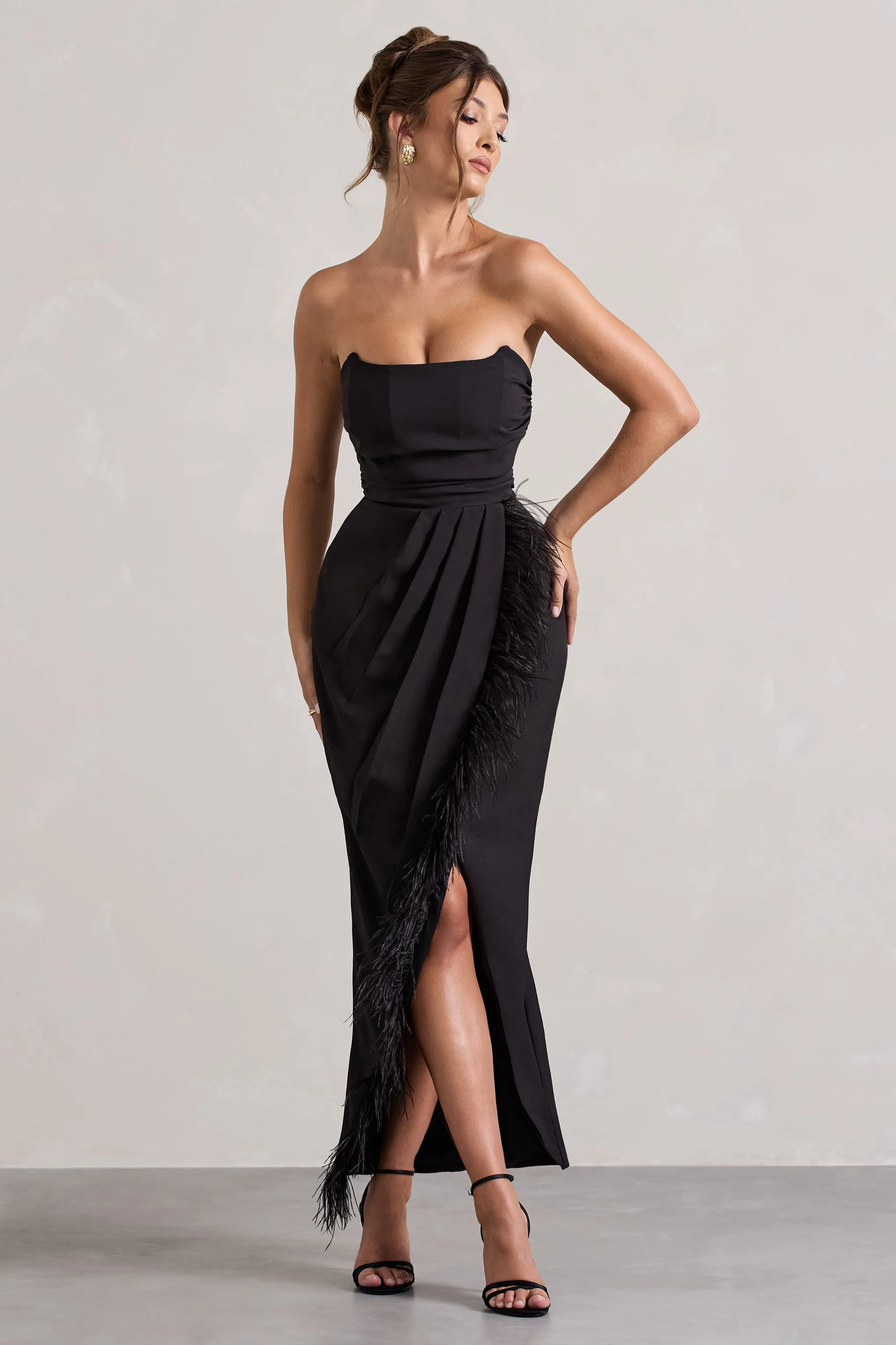 Chosen | Black Bandeau Wrap Maxi Dress With Feather Trim Club L London