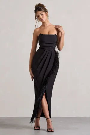 Chosen | Black Bandeau Wrap Maxi Dress With Feather Trim Club L London