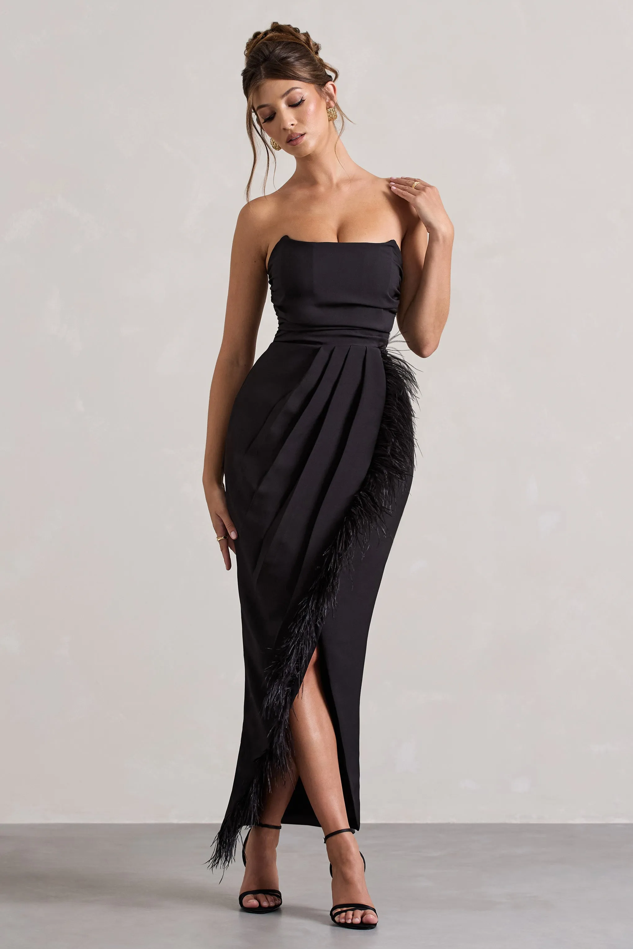Chosen | Black Bandeau Wrap Maxi Dress With Feather Trim Club L London