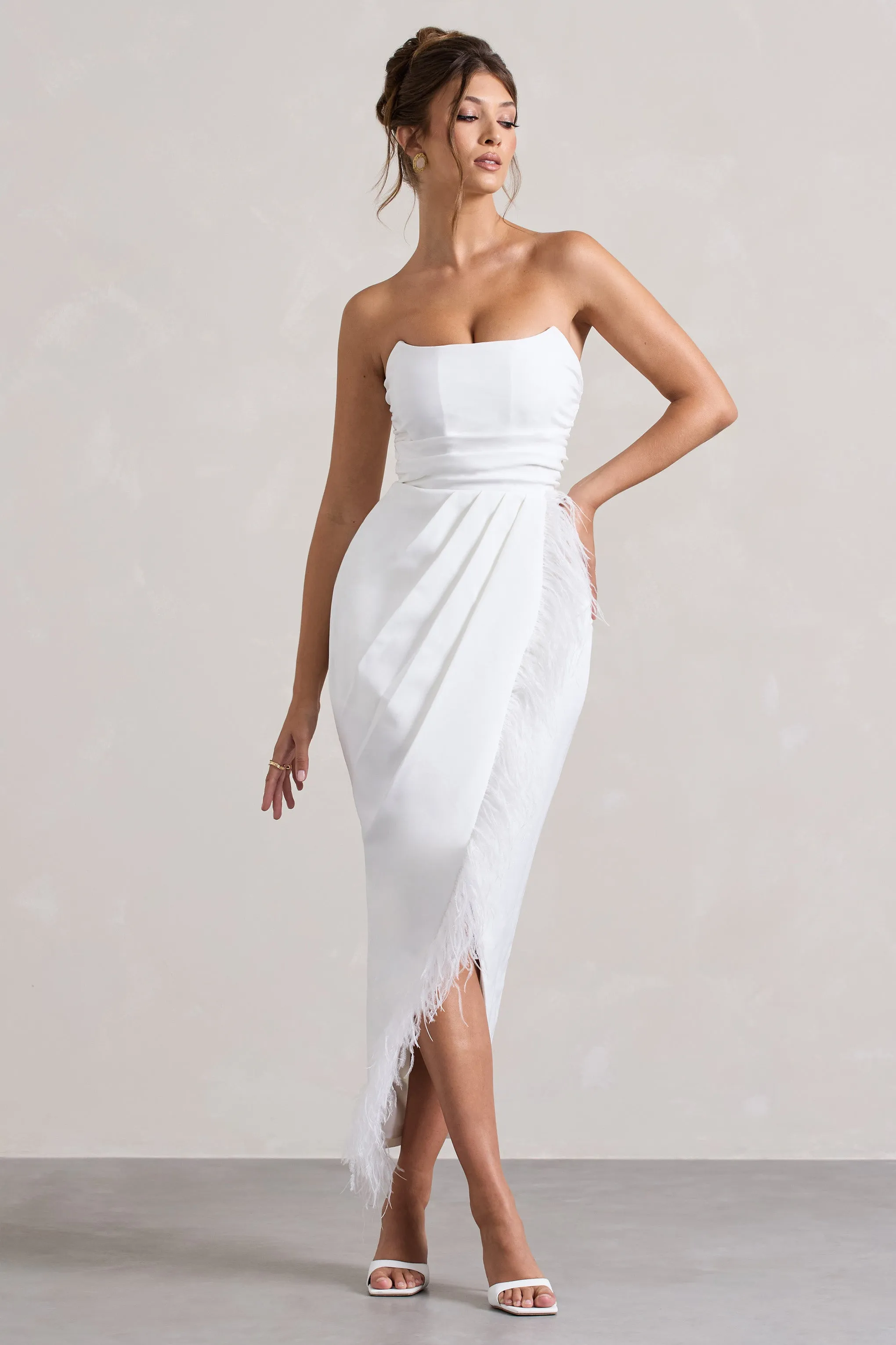 Chosen | White Bandeau Wrap Maxi Dress With Feather Trim Club L London