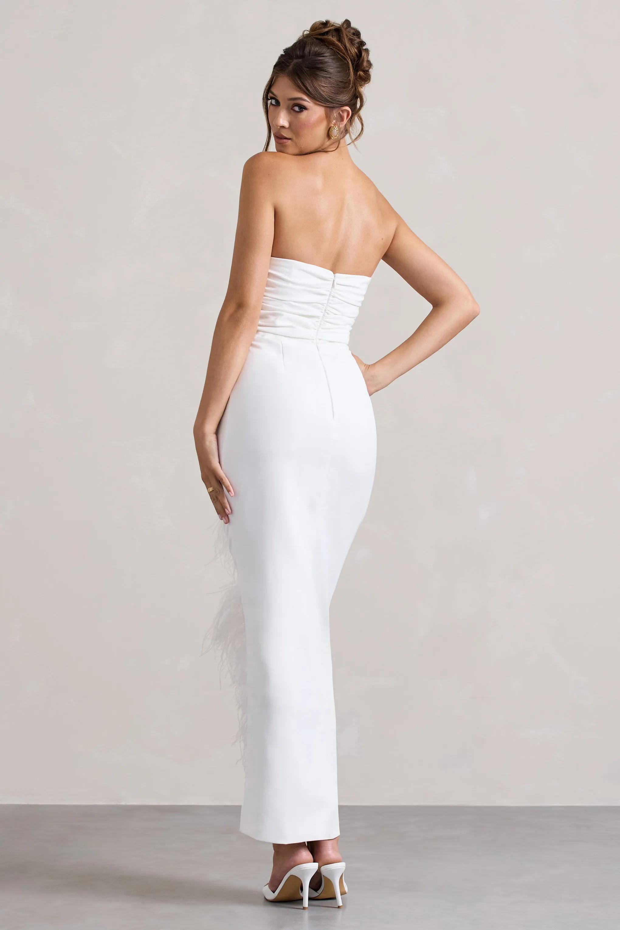 Chosen | White Bandeau Wrap Maxi Dress With Feather Trim Club L London
