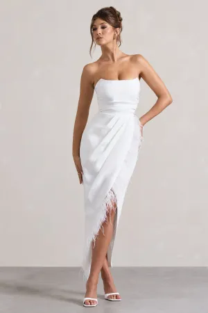 Chosen | White Bandeau Wrap Maxi Dress With Feather Trim Club L London