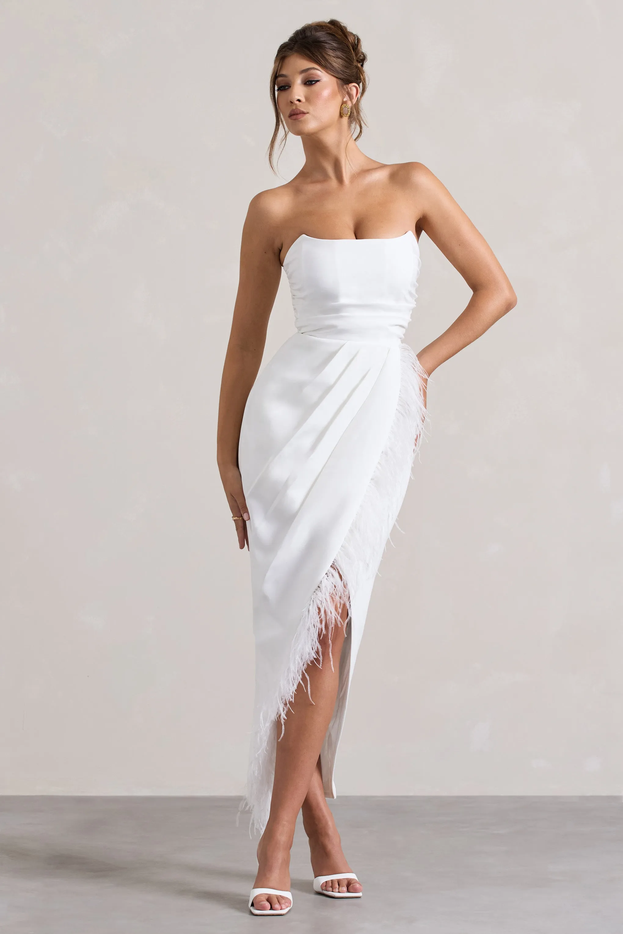 Chosen | White Bandeau Wrap Maxi Dress With Feather Trim Club L London