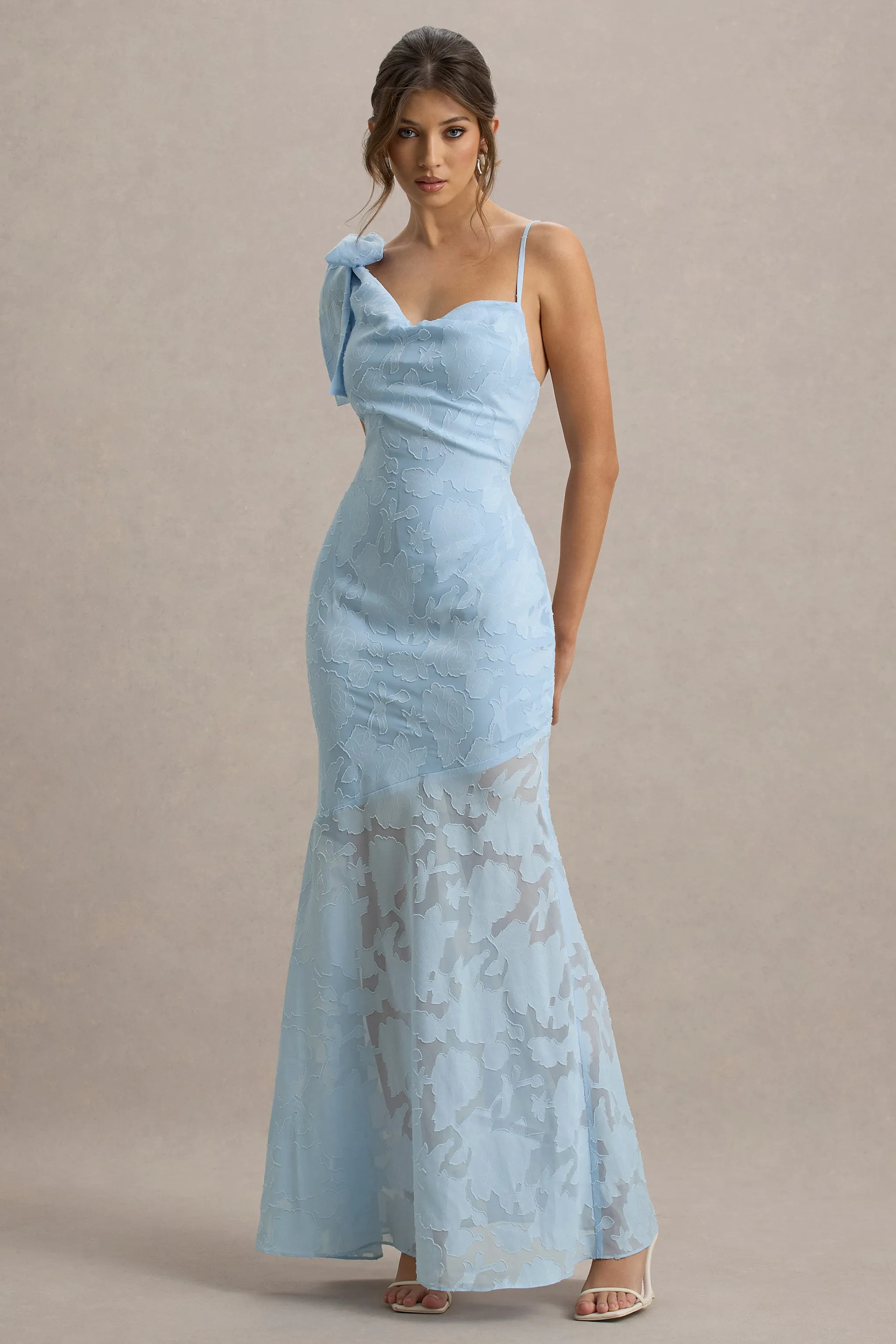 Chyna | Light Blue Cowl-Neck Maxi Dress With Bow Strap Club L London