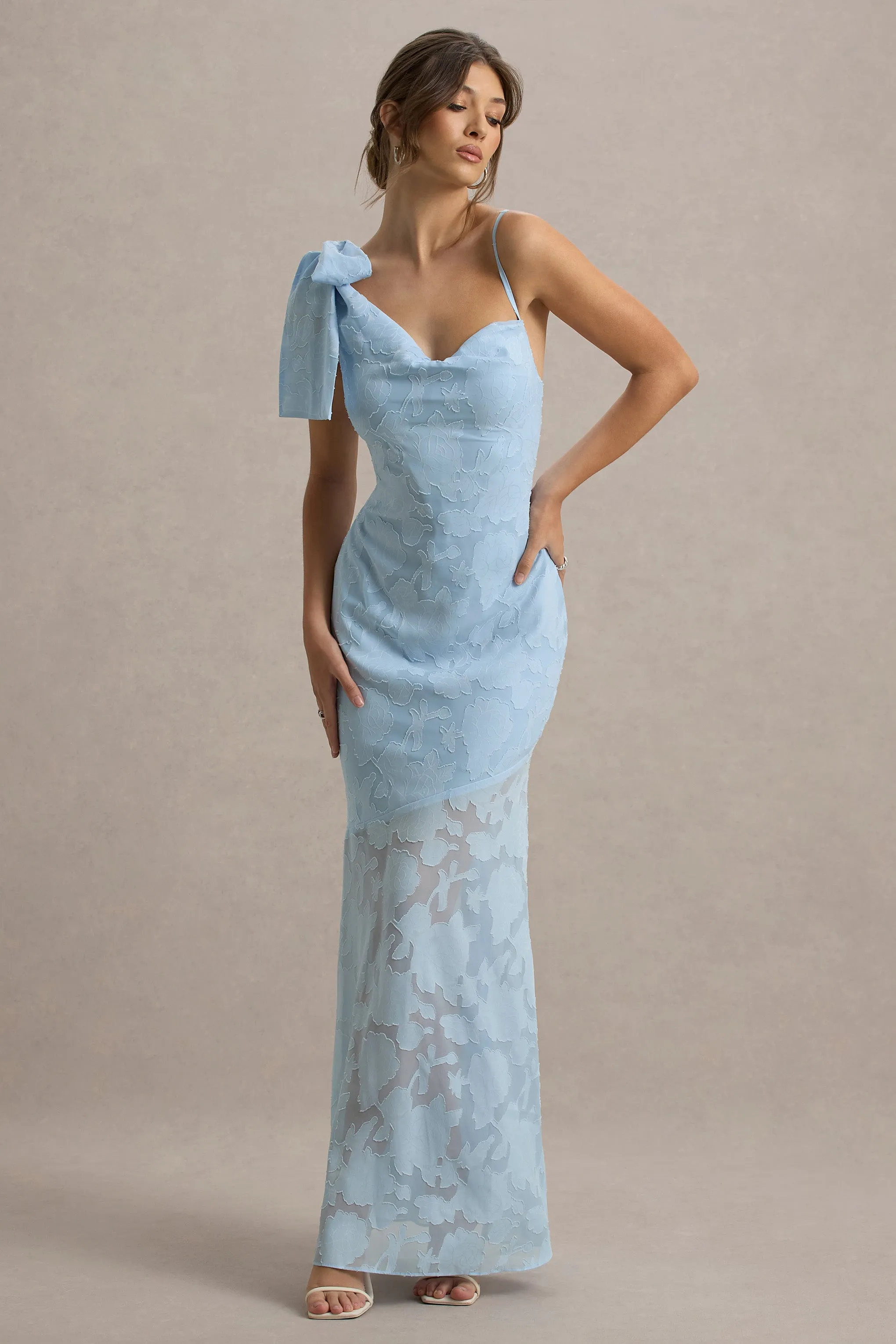 Chyna | Light Blue Cowl-Neck Maxi Dress With Bow Strap Club L London