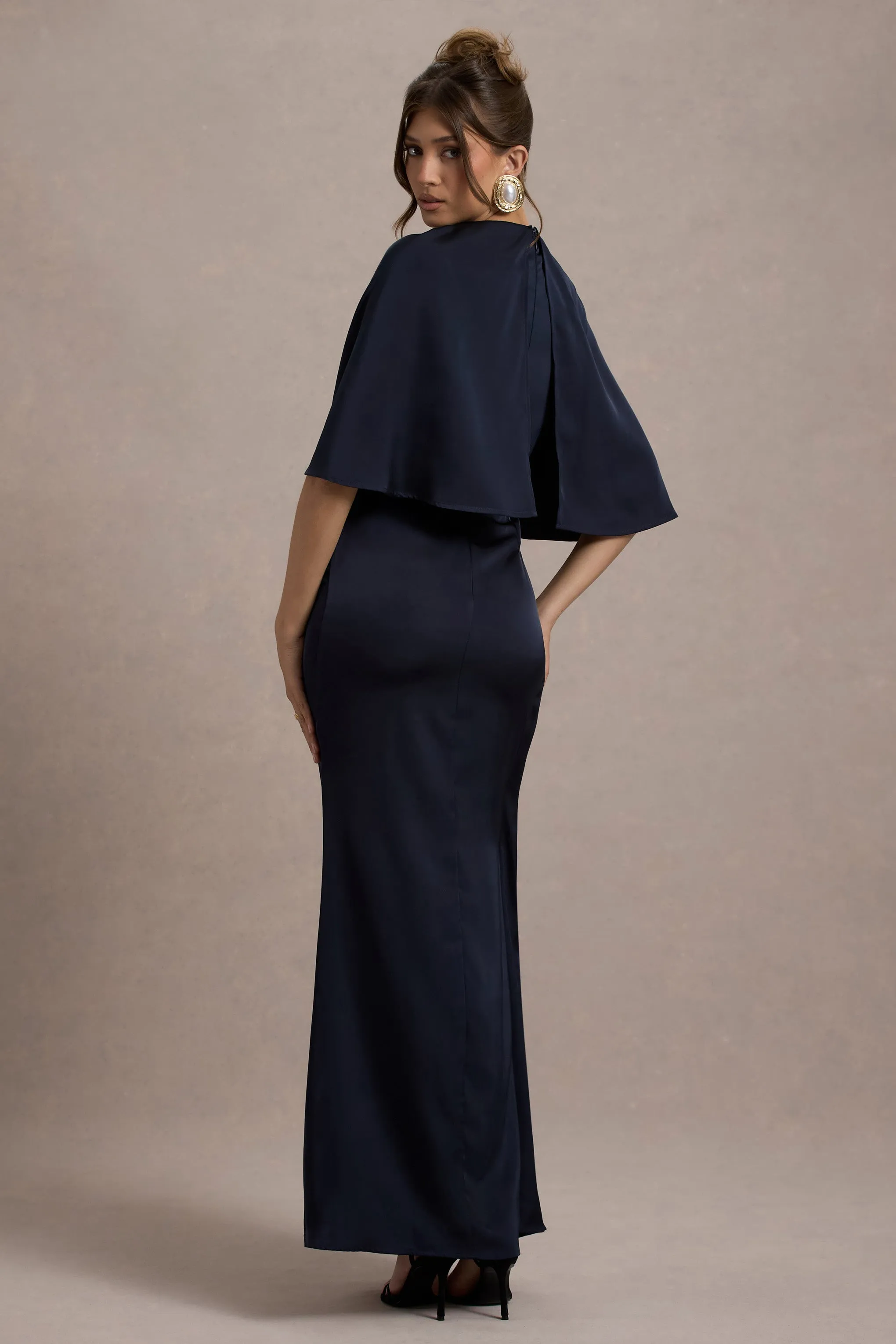 Cinder | Navy Satin Gathered Maxi Dress Club L London