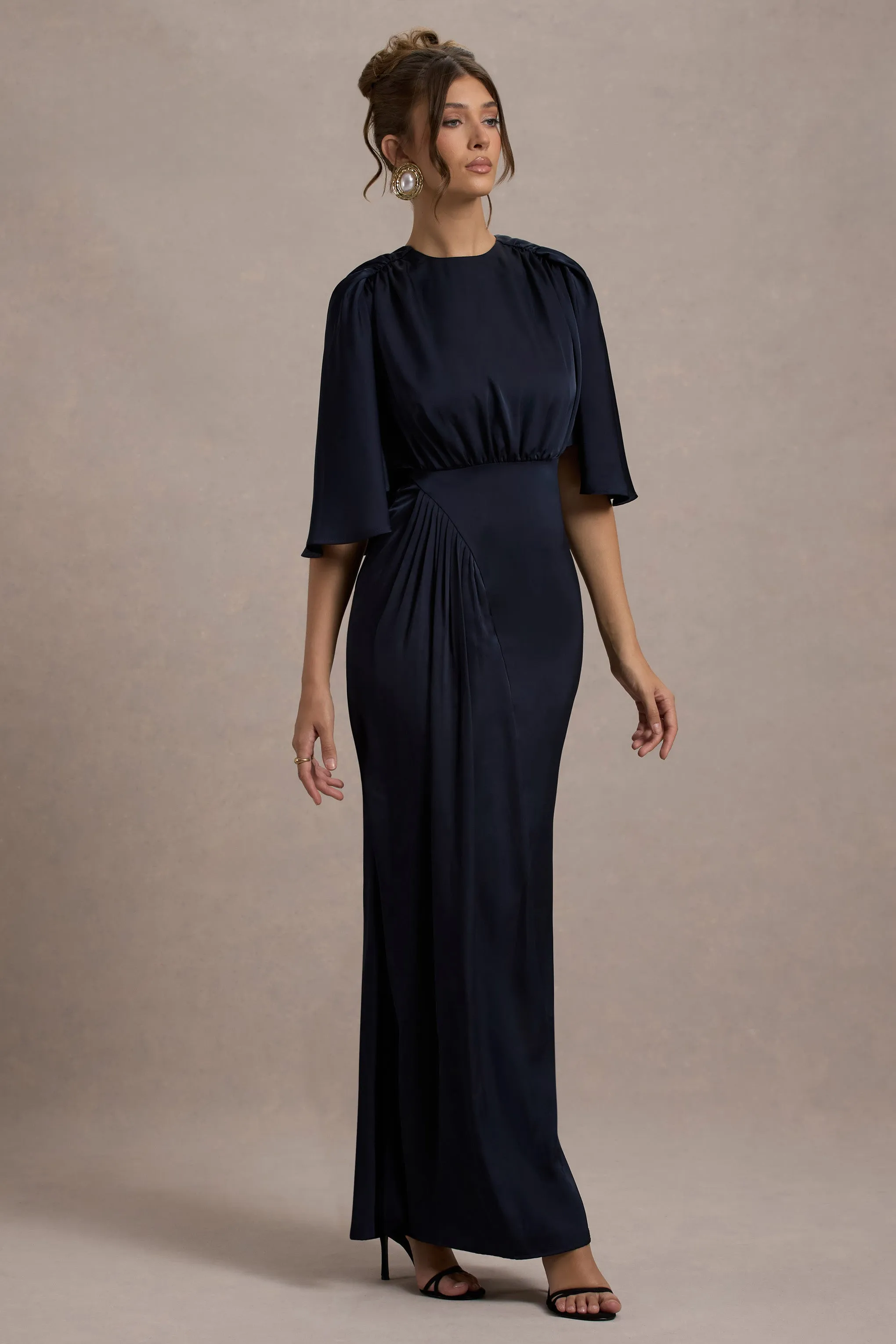 Cinder | Navy Satin Gathered Maxi Dress Club L London