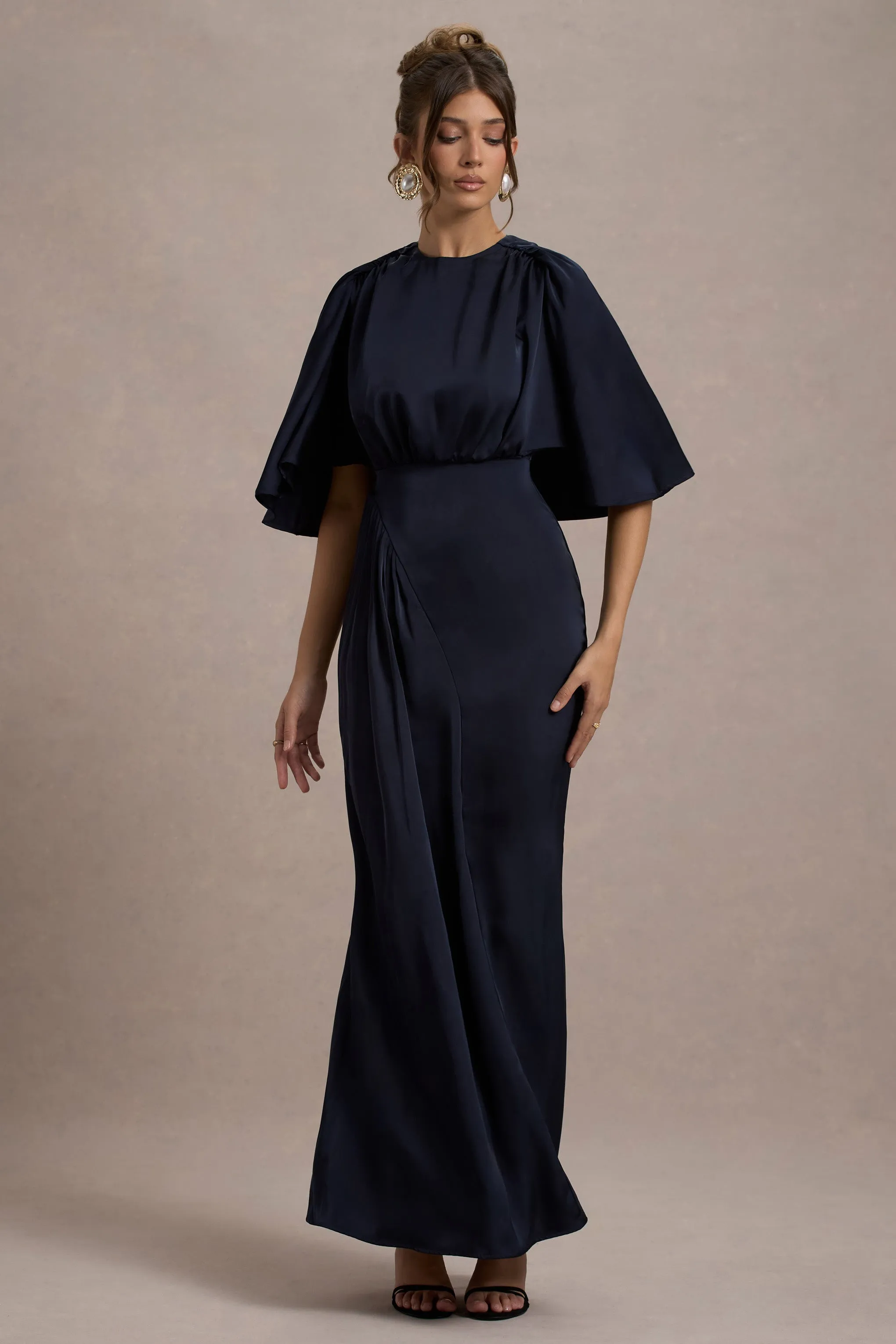 Cinder | Navy Satin Gathered Maxi Dress Club L London