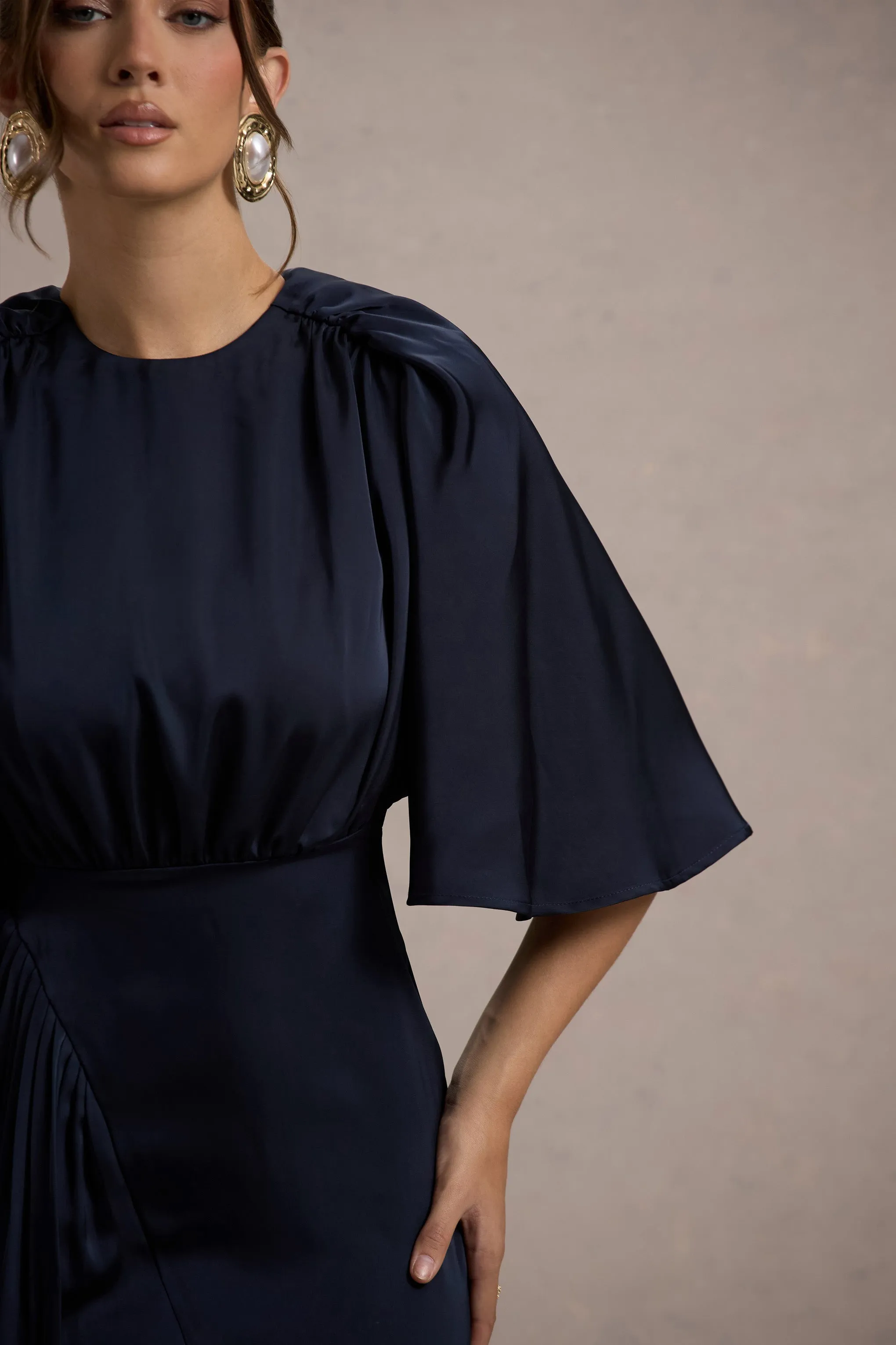 Cinder | Navy Satin Gathered Maxi Dress Club L London