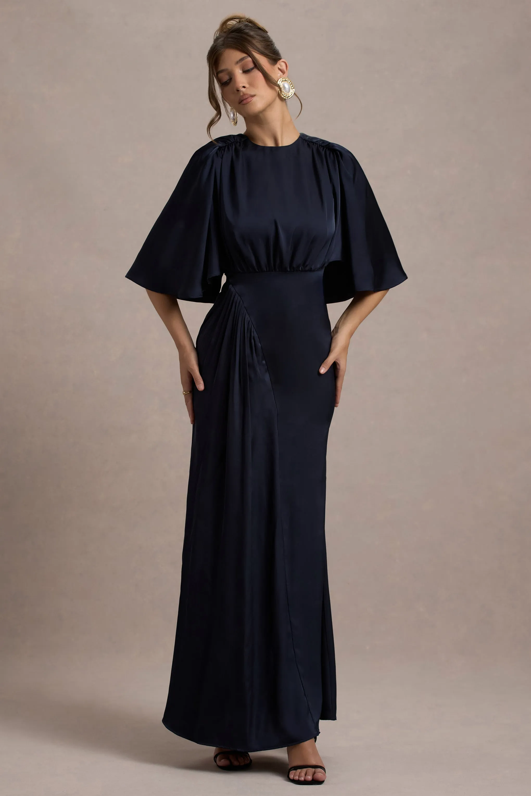 Cinder | Navy Satin Gathered Maxi Dress Club L London
