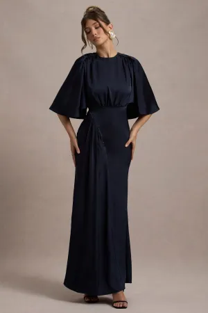 Cinder | Navy Satin Gathered Maxi Dress Club L London