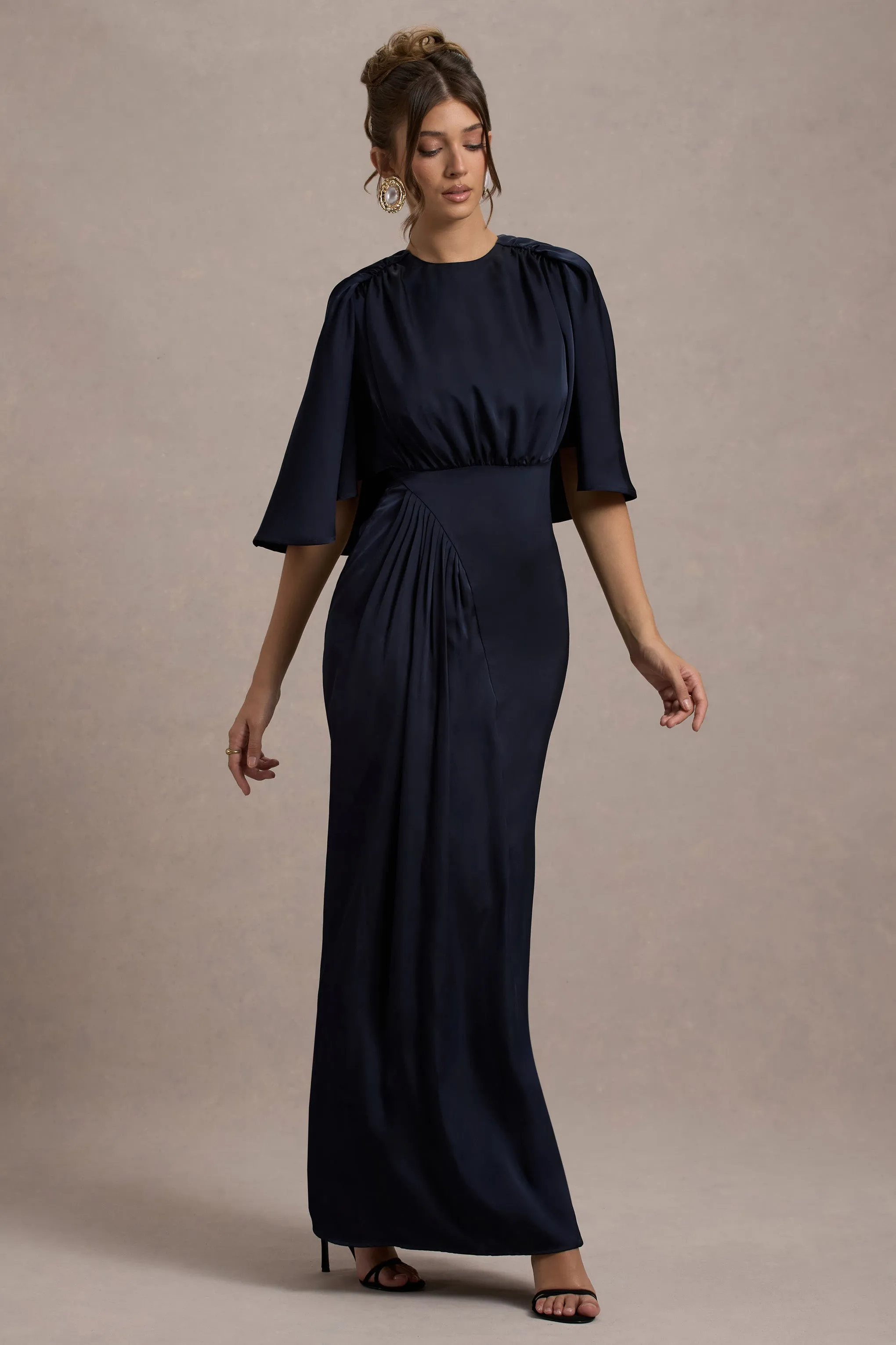 Cinder | Navy Satin Gathered Maxi Dress Club L London