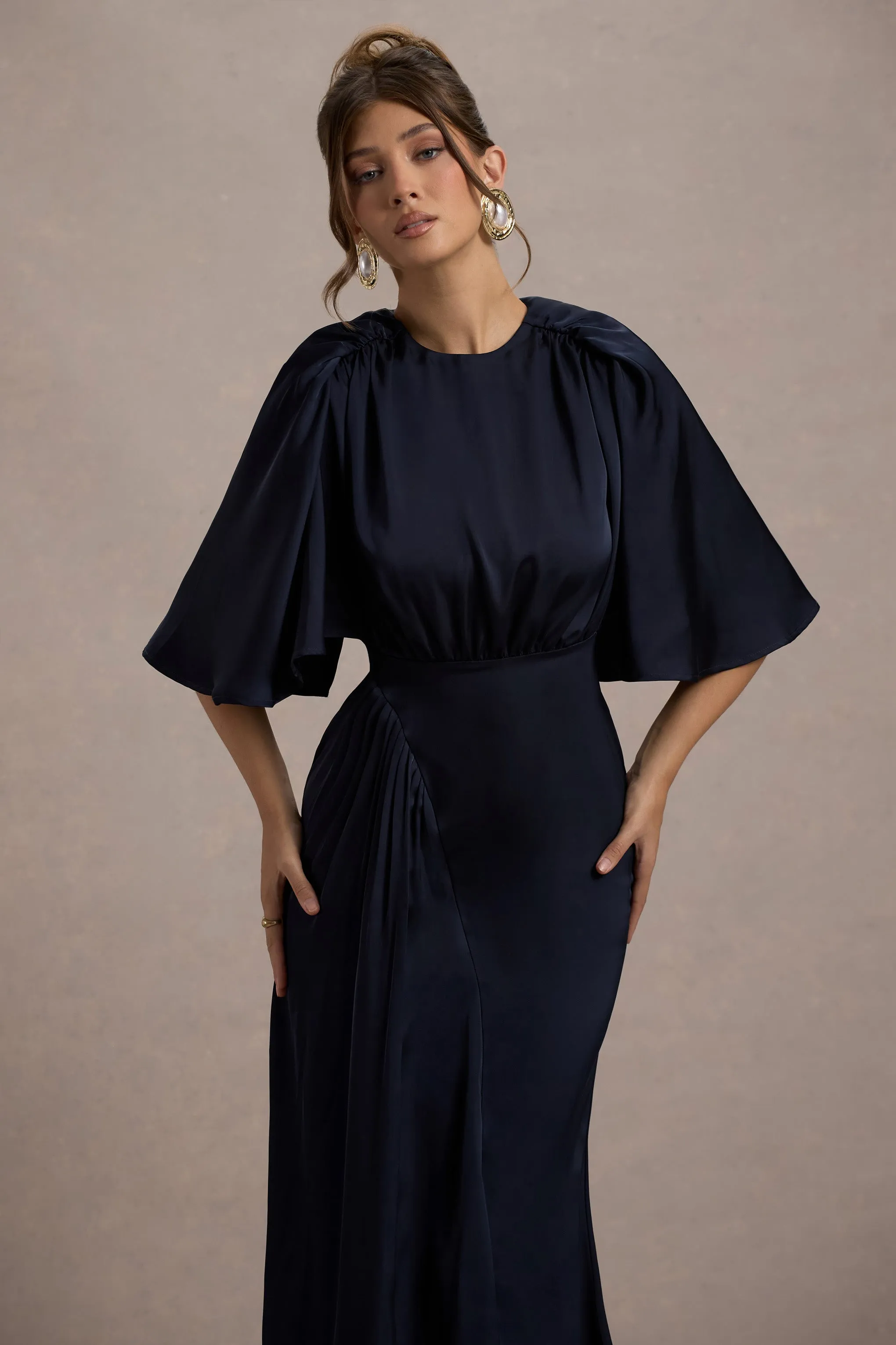 Cinder | Navy Satin Gathered Maxi Dress Club L London