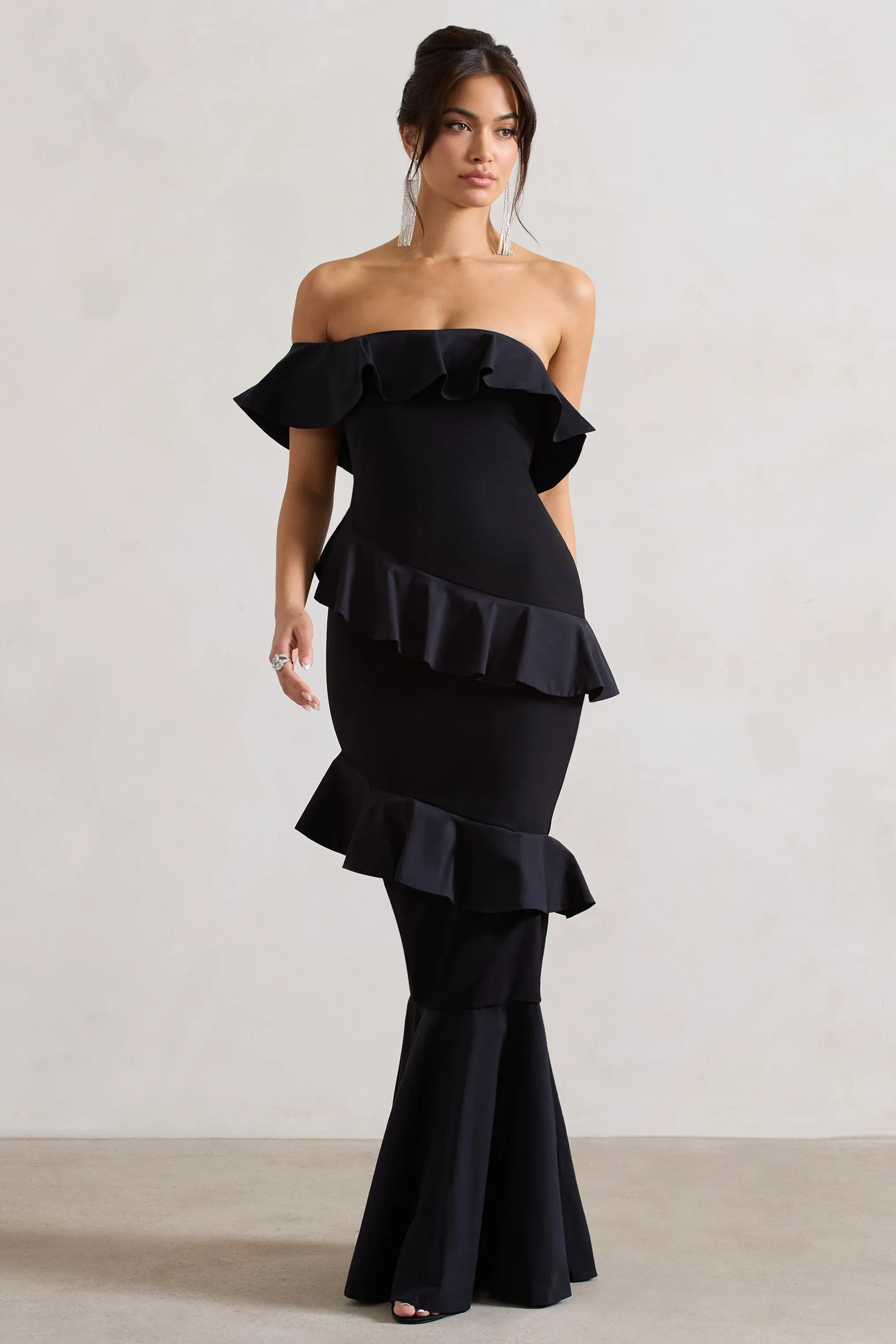 Cinematic | Black Bardot Ruffled Fishtail Maxi Dress Club L London