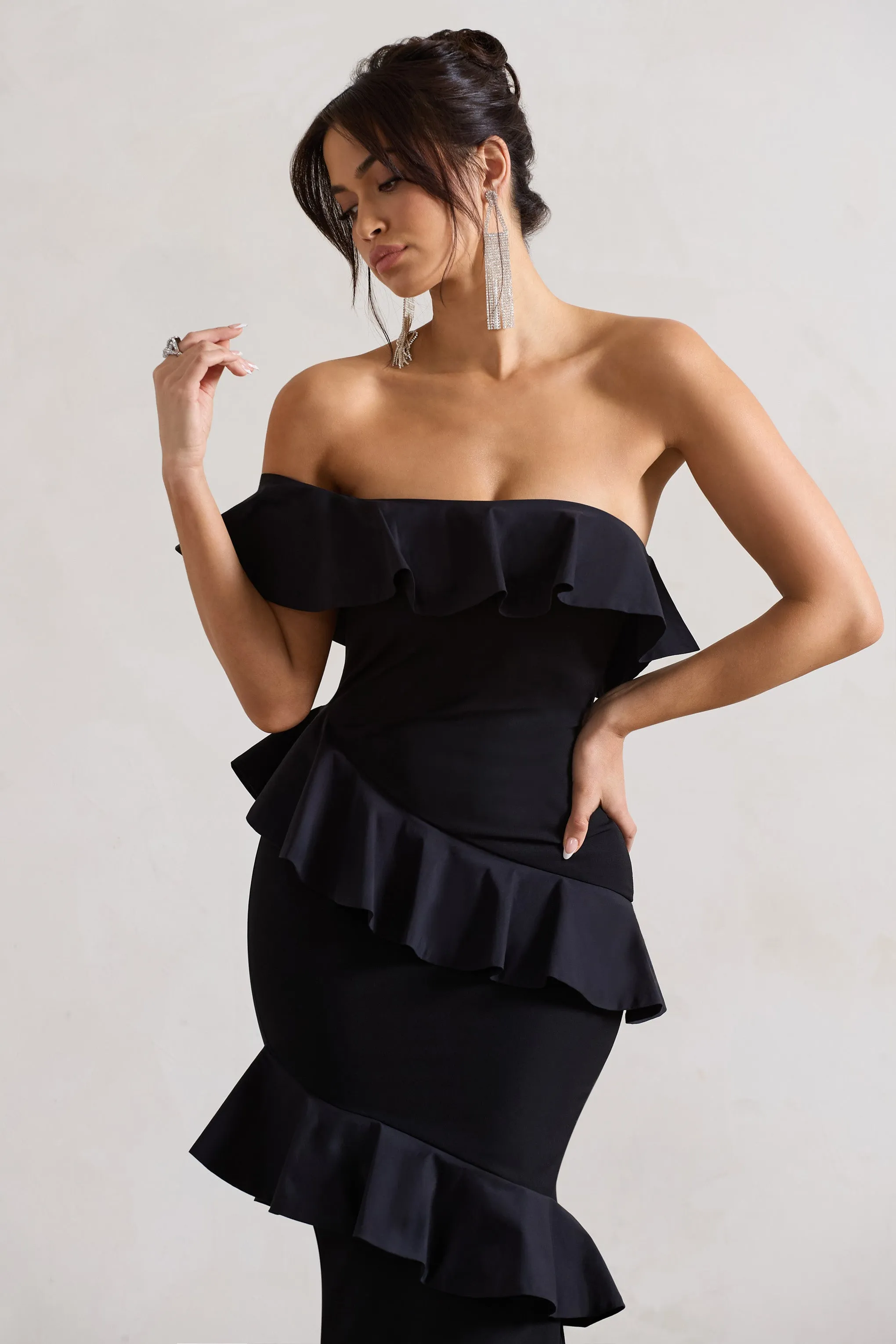Cinematic | Black Bardot Ruffled Fishtail Maxi Dress Club L London
